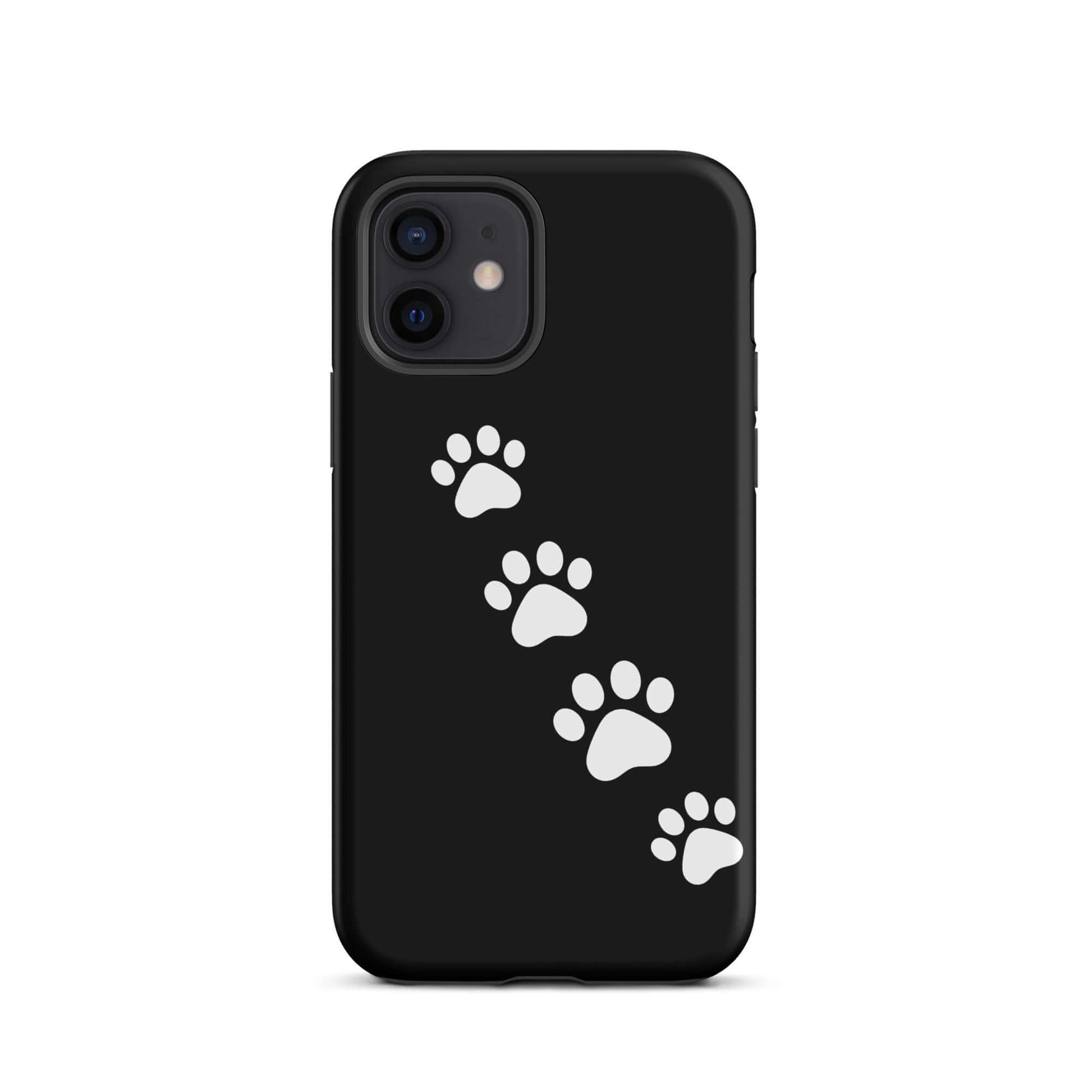Phone case with white paw-print trail design for iPhone, perfect for pet lovers, on a sleek black background.