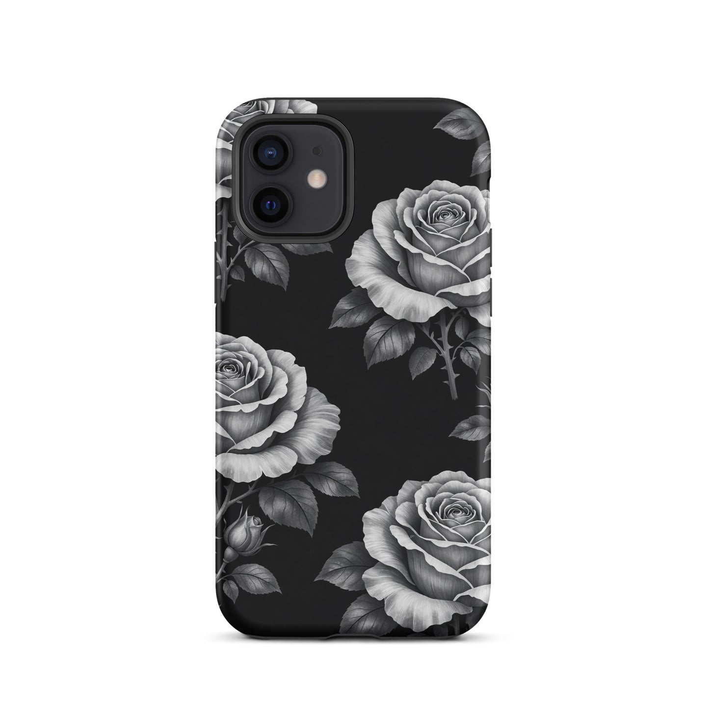 Phone Case for iPhone with rose garden design on black background, featuring pencil-sketch roses and lush leaves for stylish protection.