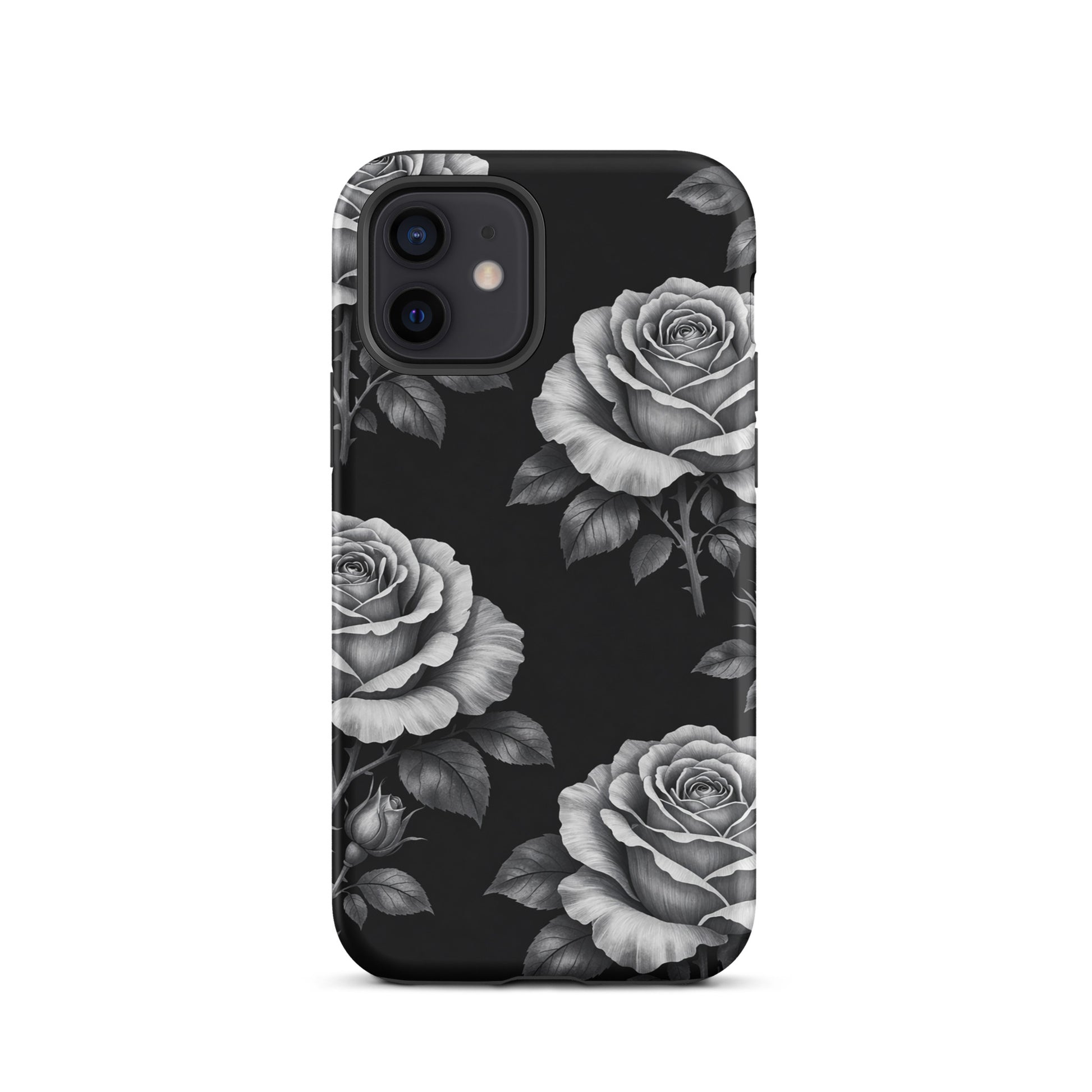 Phone Case for iPhone with rose garden design on black background, featuring pencil-sketch roses and lush leaves for stylish protection.