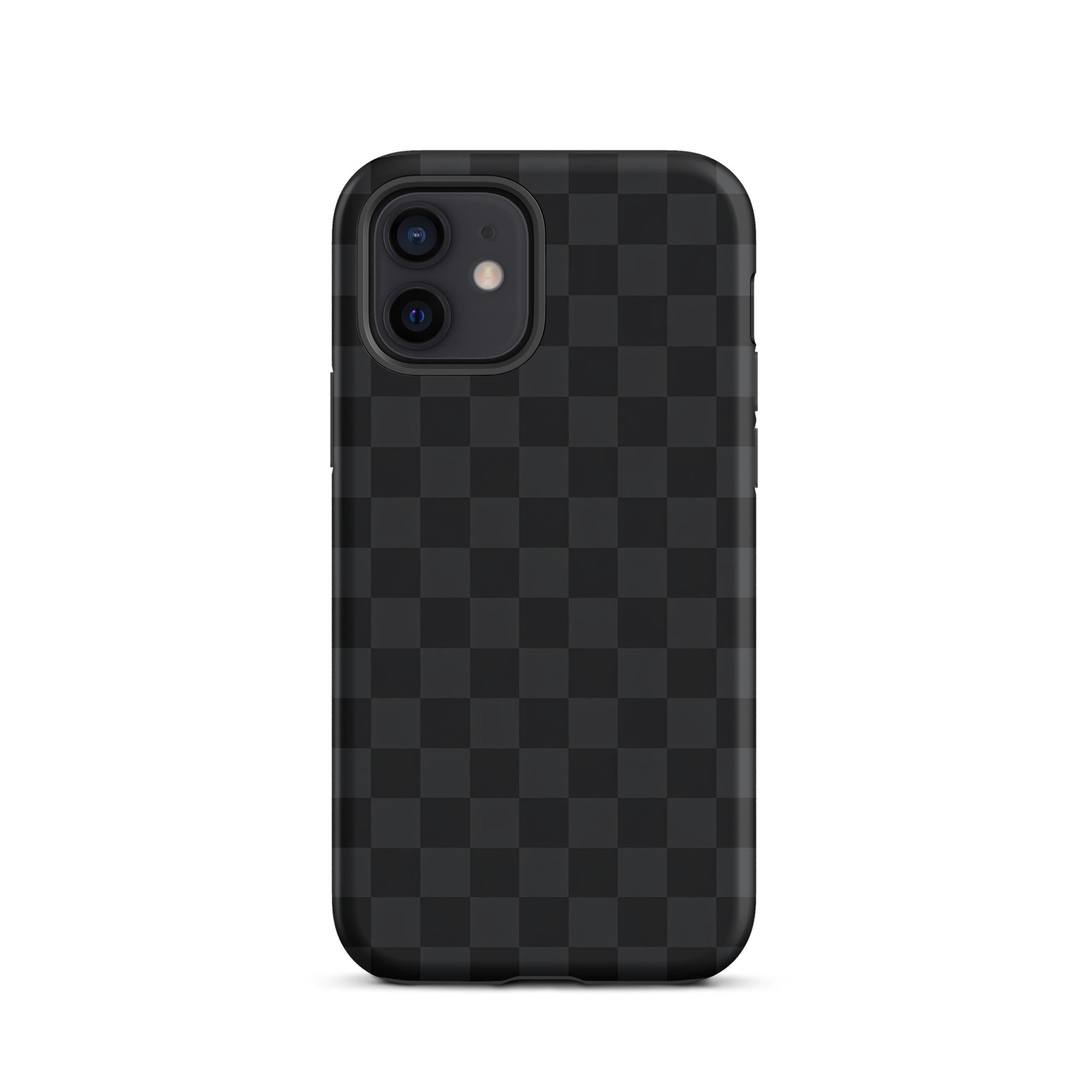 Phone Case for iPhone with black and charcoal checkered design, modern minimalist style. Sleek protection accessory for iPhones.