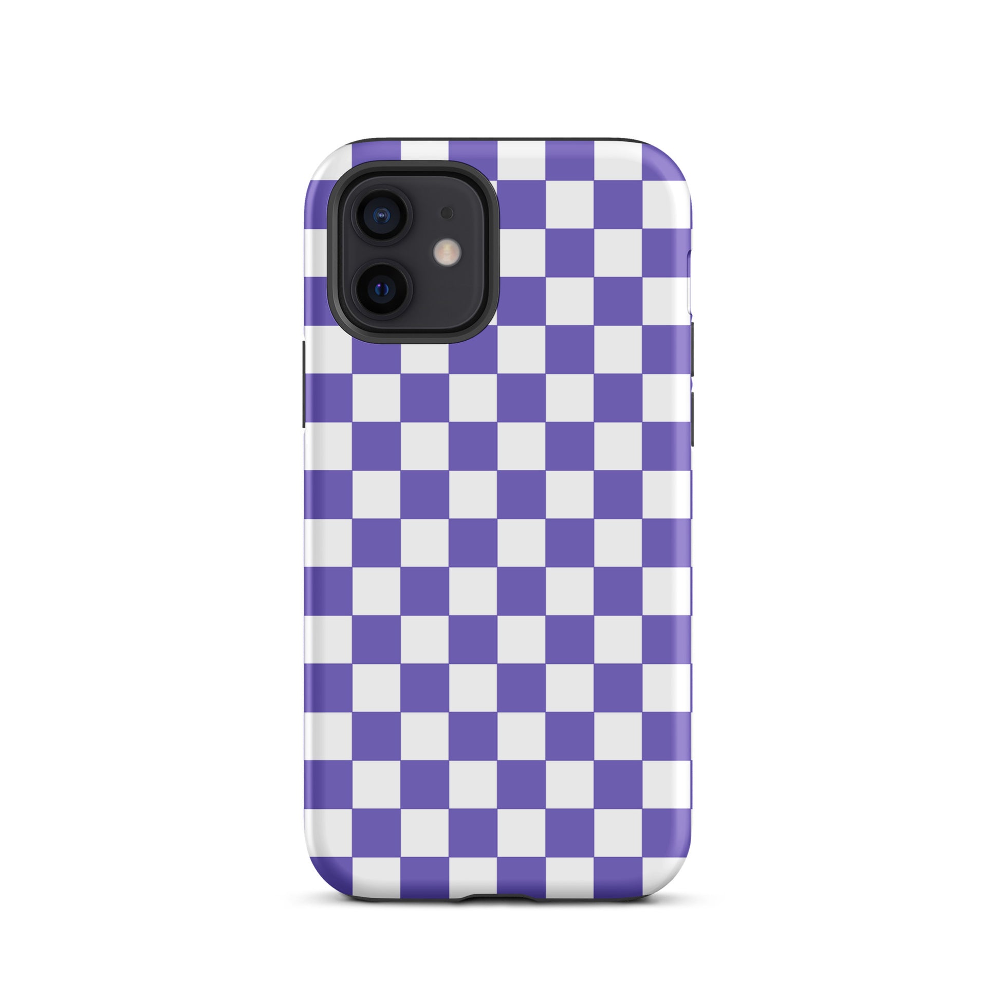 Phone Case for iPhone with purple and white checkered pattern, stylish and fun design.