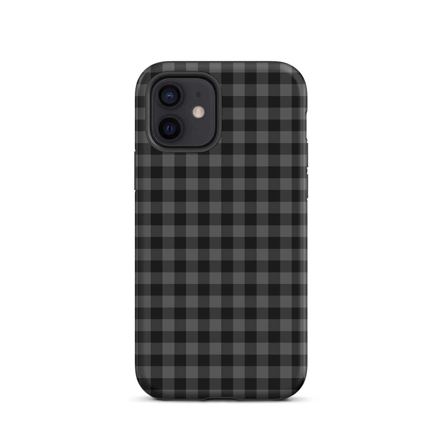 Phone Case with black and charcoal gingham pattern, stylish and durable for modern iPhone protection.