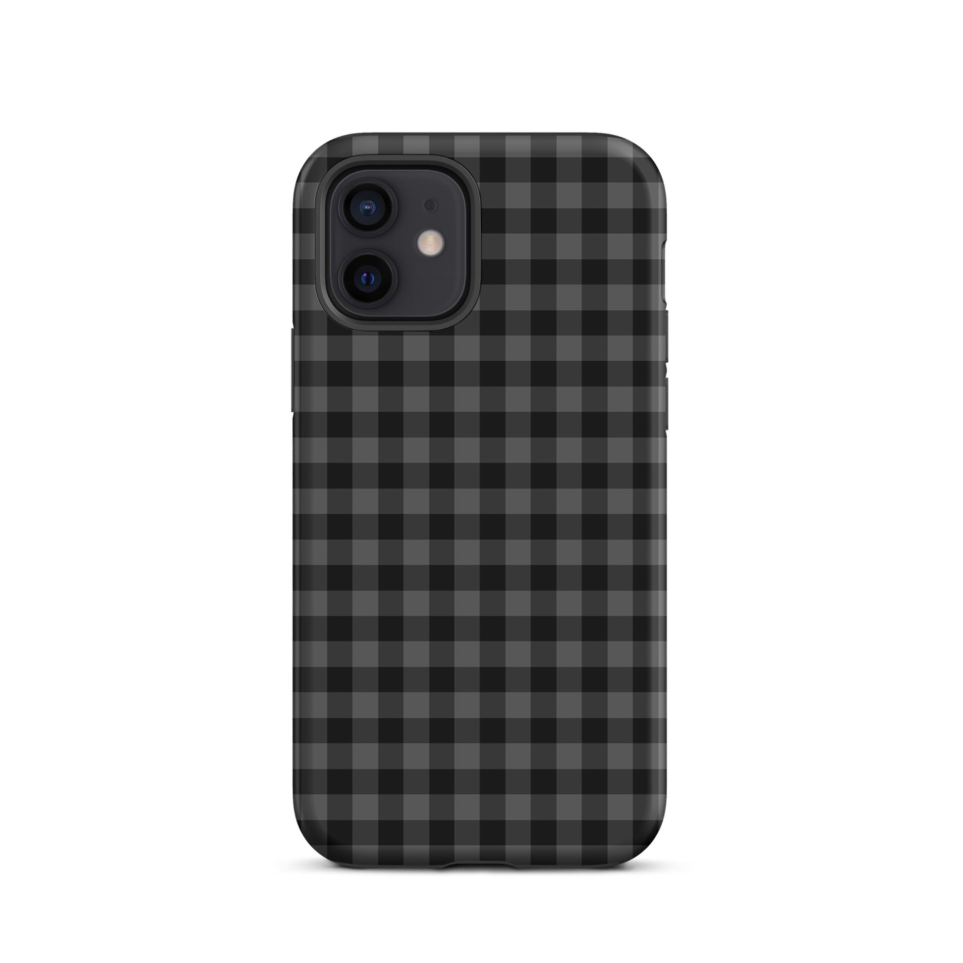 Phone Case with black and charcoal gingham pattern, stylish and durable for modern iPhone protection.