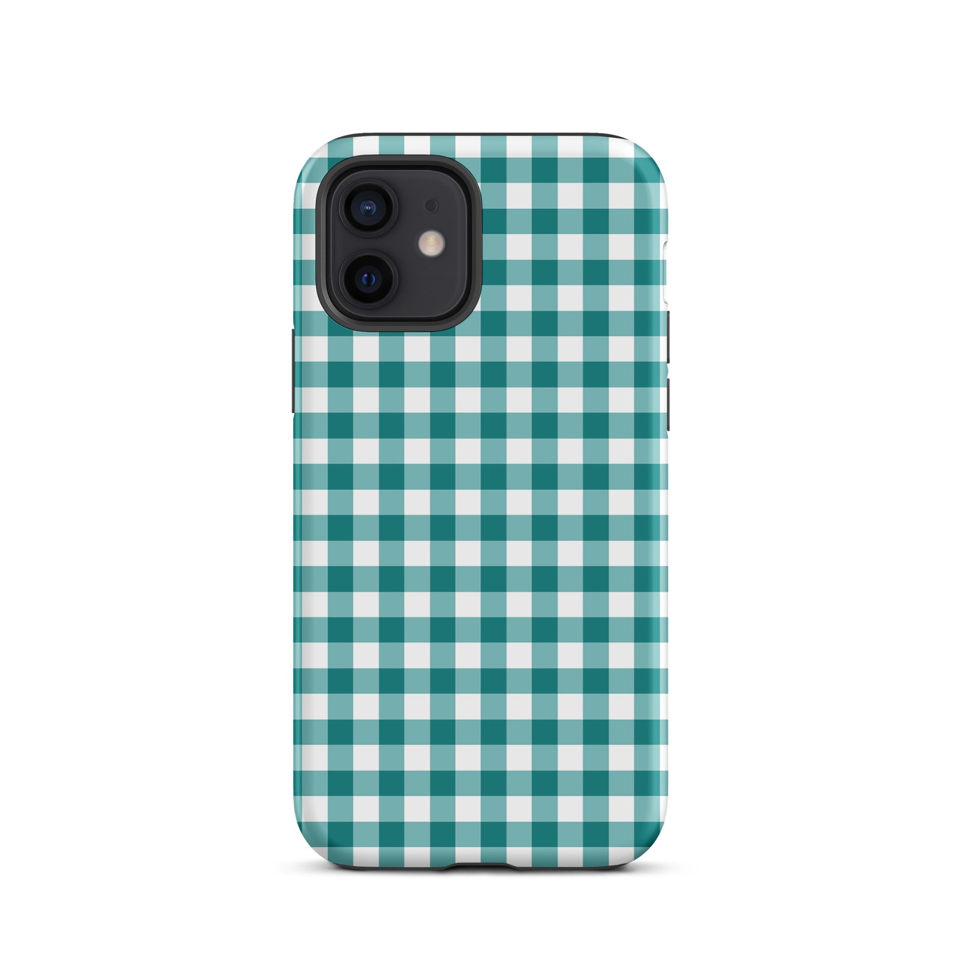 Chic Phone Case with teal-and-white gingham pattern for iPhone, combines style and protection, perfect luxury accessory.