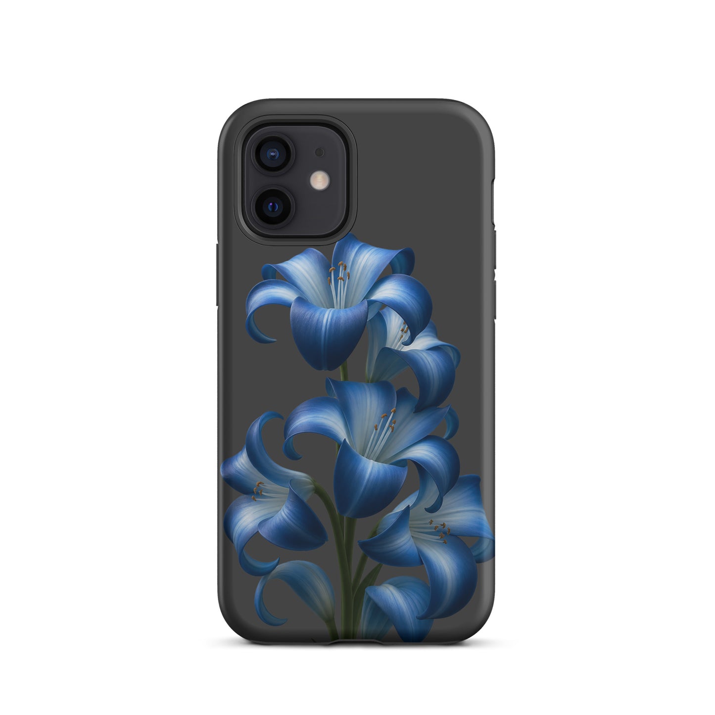 Phone Case for iPhone with blue lily bloom art on dark backdrop, dual-layer protection, bold and stylish design.