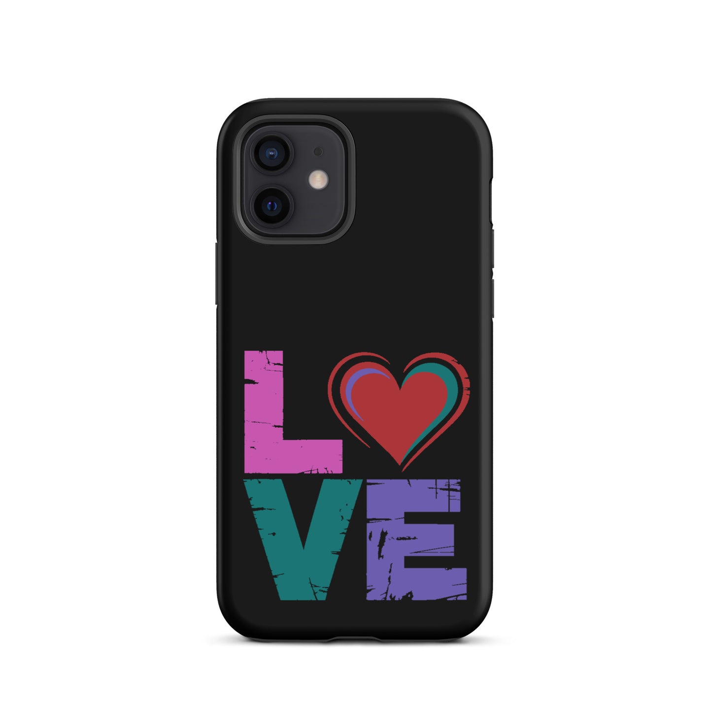 Love Dual Layer Tough Case for iPhones with heart design on black background.