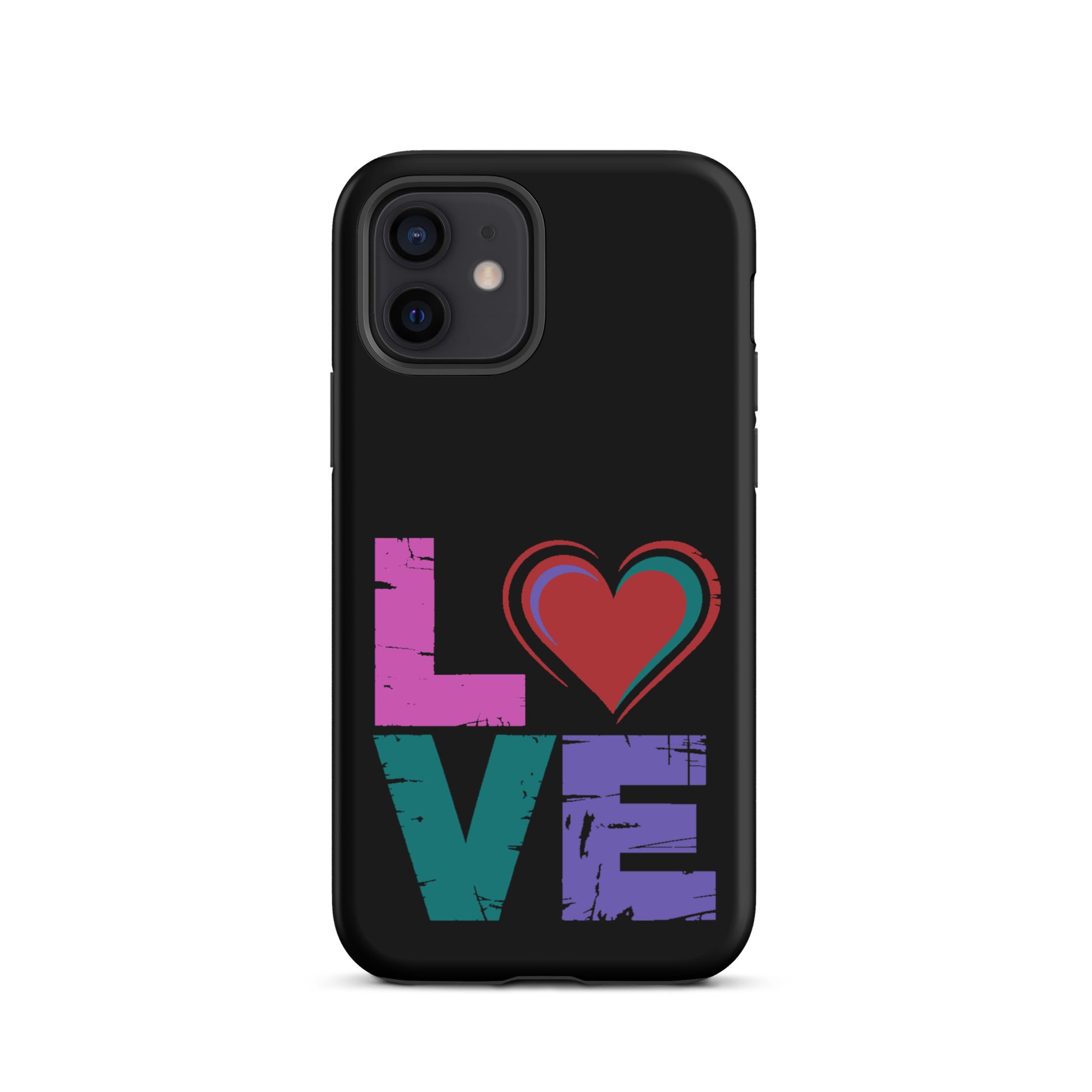 Love Dual Layer Tough Case for iPhones with heart design on black background.
