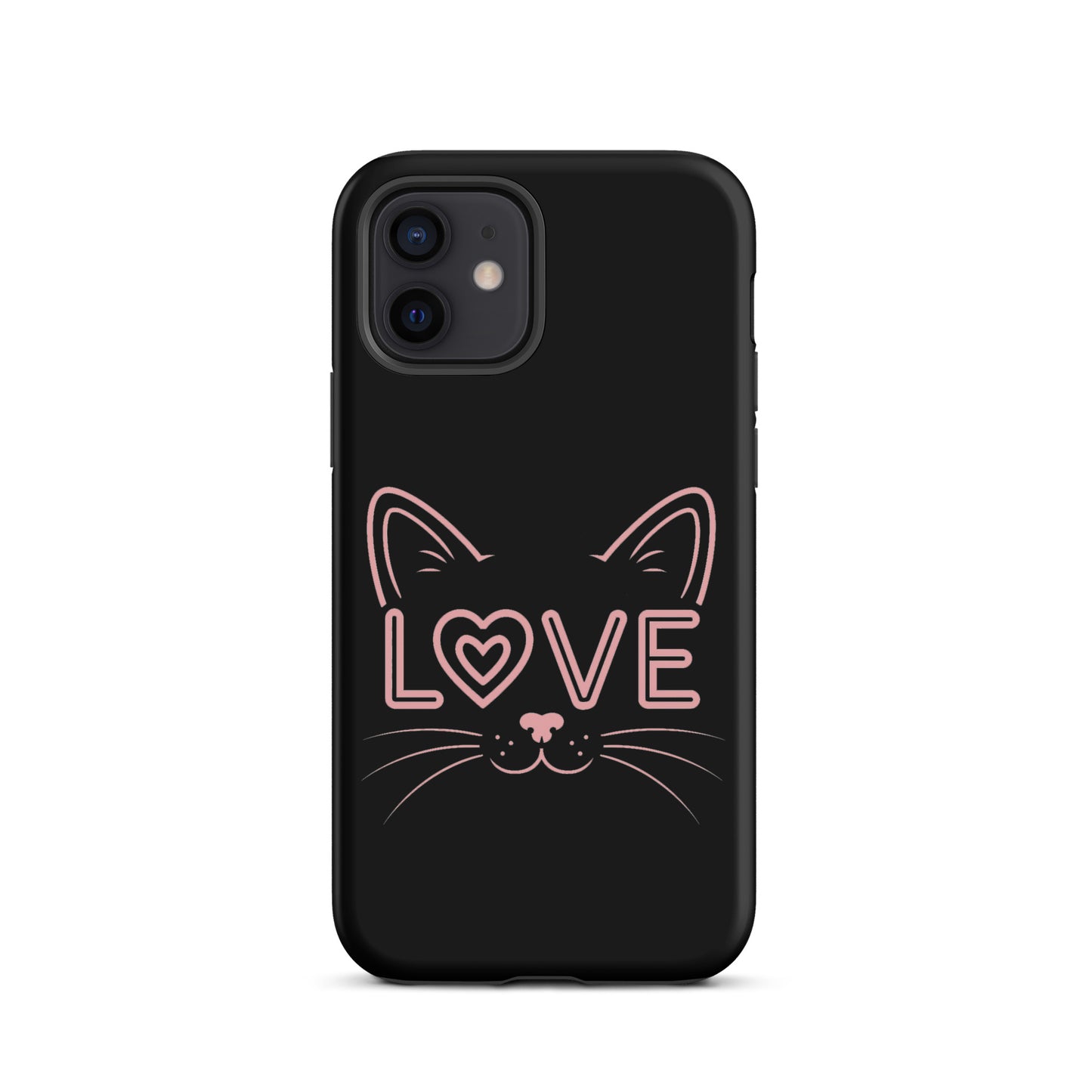 Cat Love iPhone case featuring minimalist cat face design and "LOVE" text in modern style.