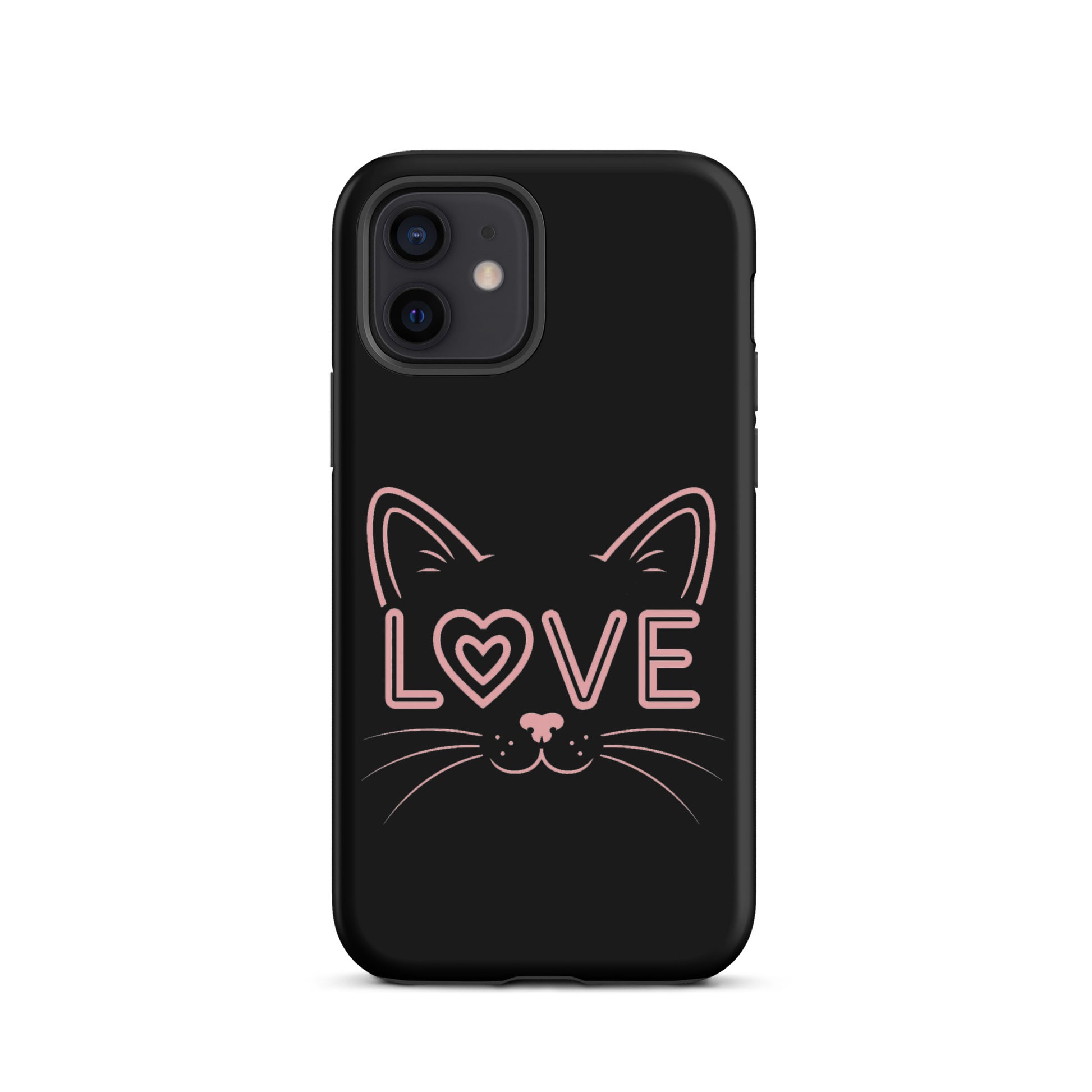 Cat Love iPhone case featuring minimalist cat face design and "LOVE" text in modern style.