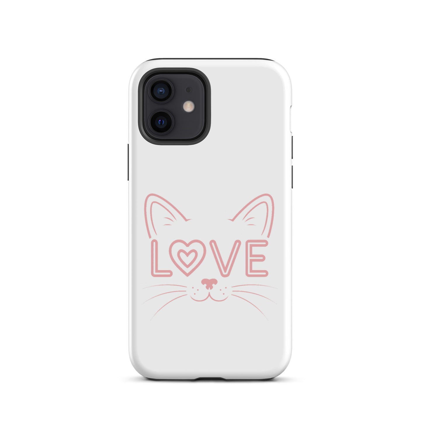 Cat Love phone case for iPhone featuring minimalist cat face with 'love' design, perfect for feline enthusiasts seeking style and protection.
