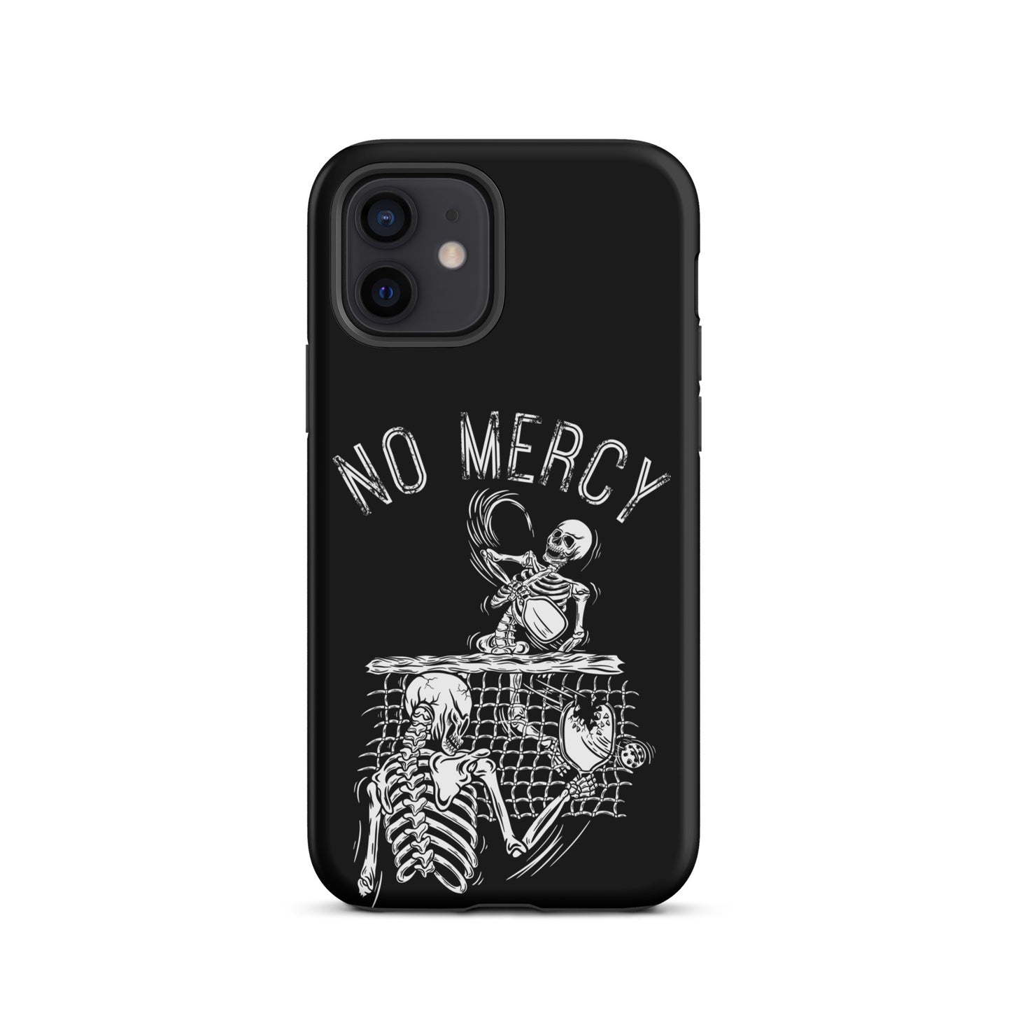 Pickleball iPhone case with "No Mercy" skeleton design, black background, perfect for aggressive players wanting style and phone protection.