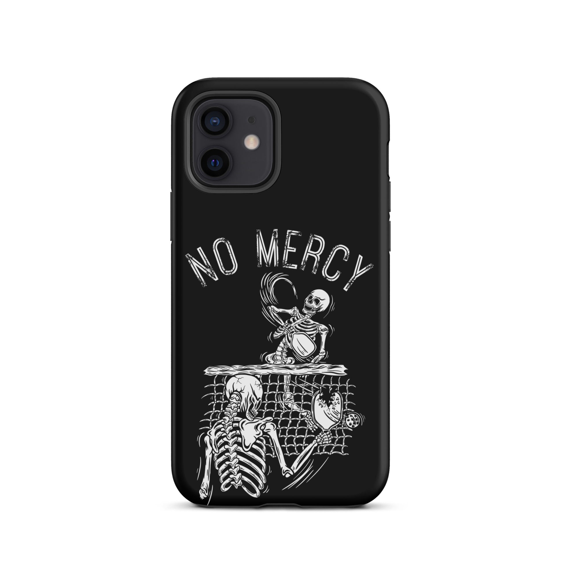 Pickleball iPhone case with "No Mercy" skeleton design, black background, perfect for aggressive players wanting style and phone protection.