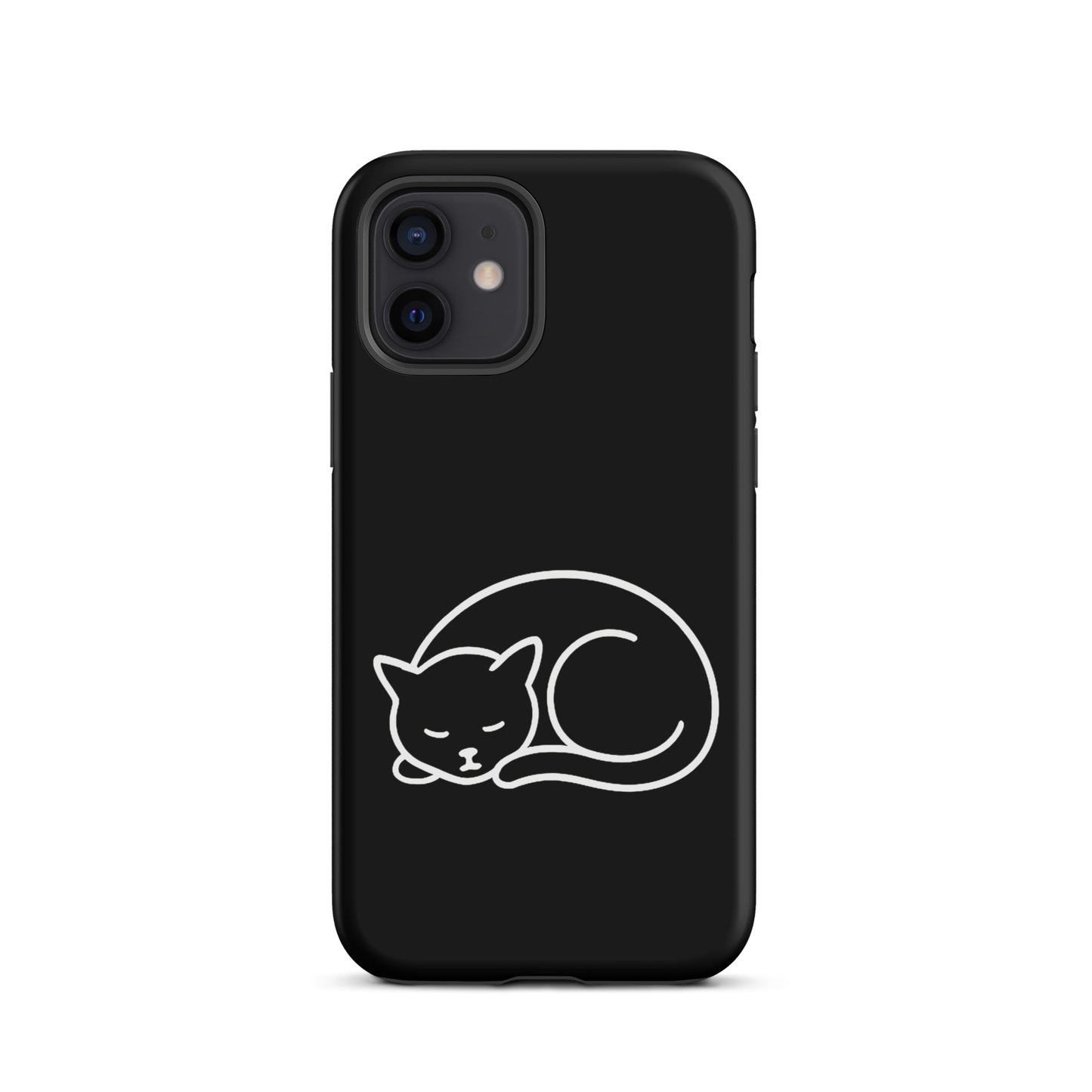 phone case with minimalist curled-up cat design for iPhone, dual-layer protection, black and white style, feline inspired accessory