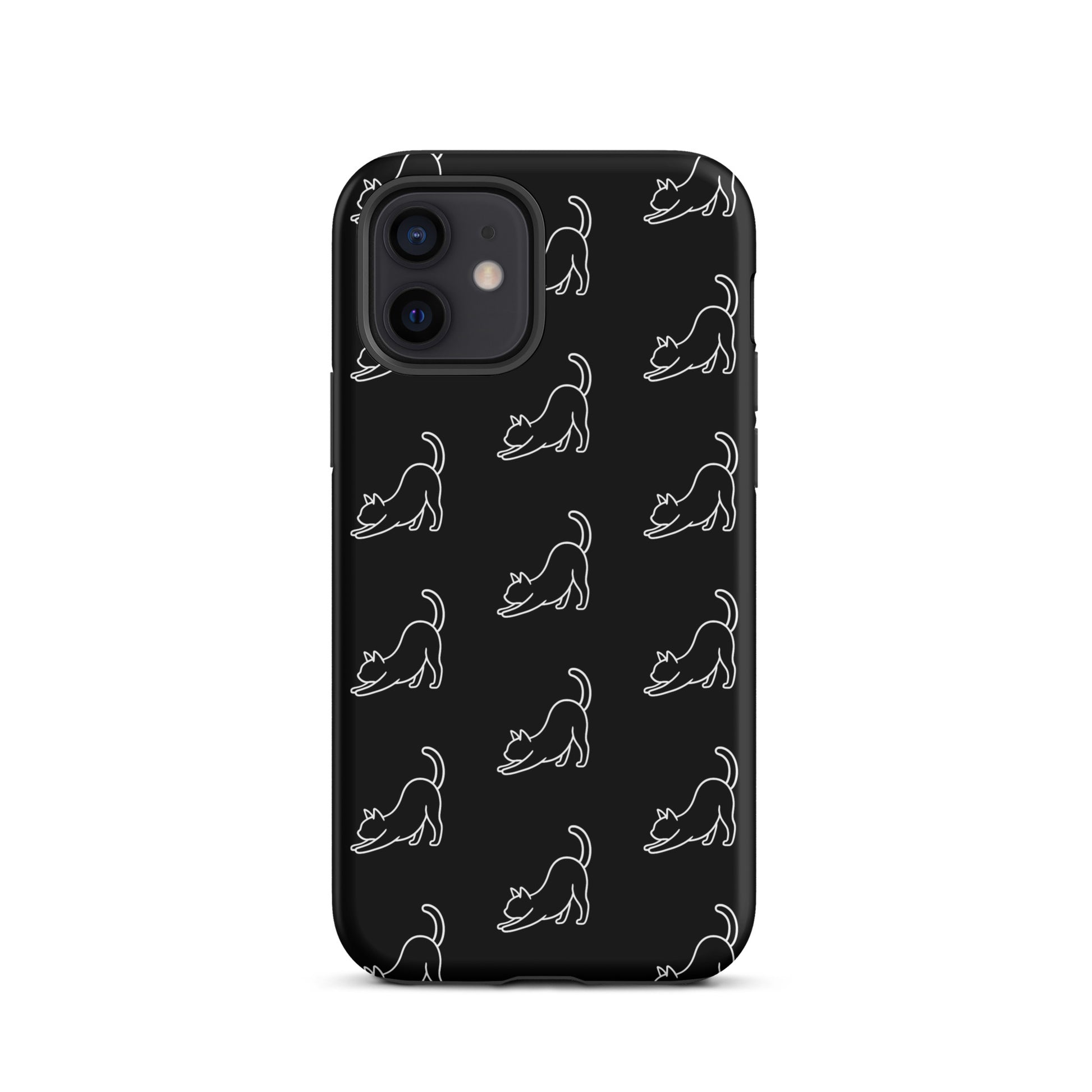 Phone Case for iPhone with minimalist stretching cat pattern on black background