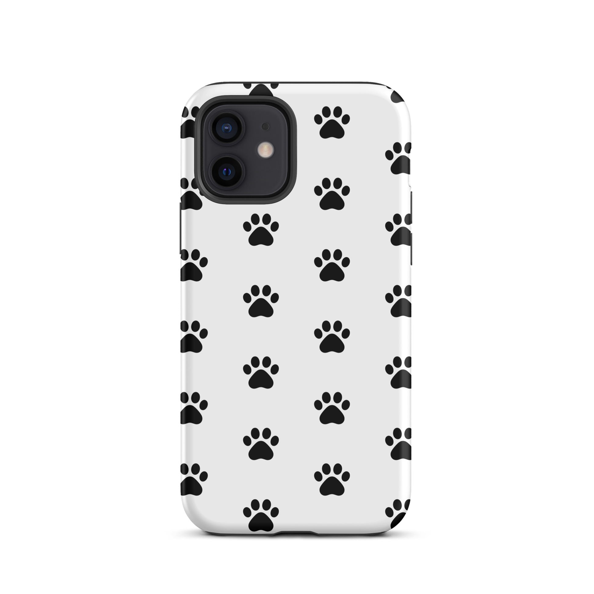 Phone Case for iPhone with stylish paw print design for pet lovers featuring minimalist black paw icons on a white background.
