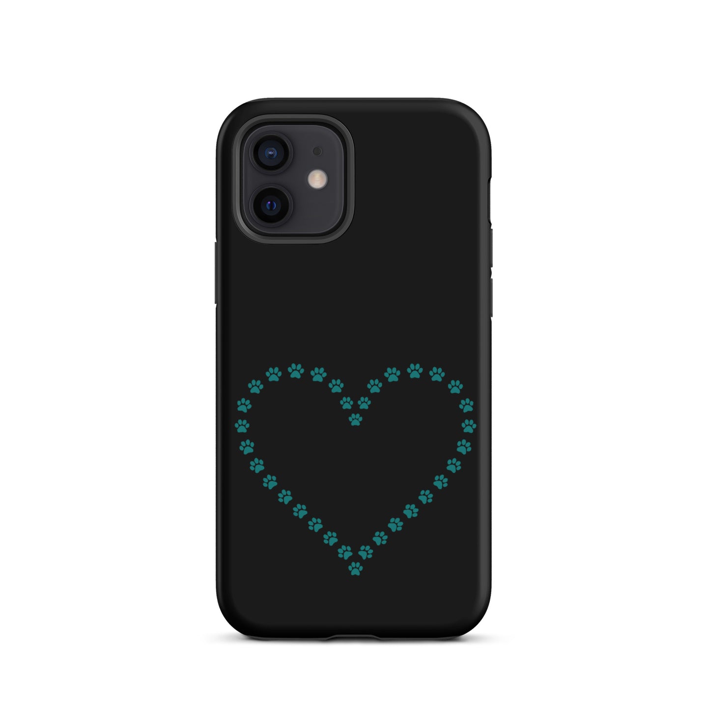 Phone Case with cute paw print heart design for pet lovers, black background iPhone case featuring turquoise paw prints.