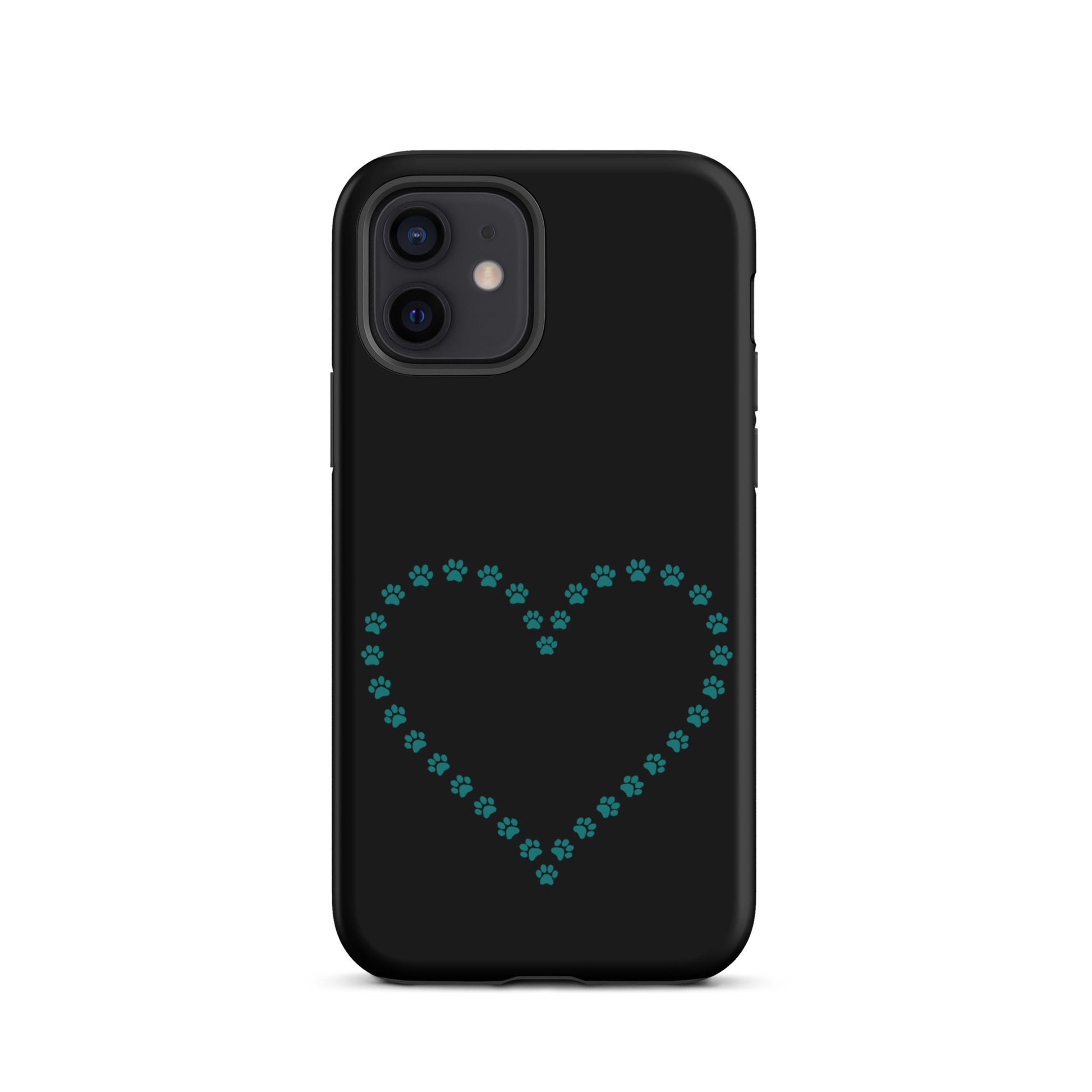Phone Case with cute paw print heart design for pet lovers, black background iPhone case featuring turquoise paw prints.