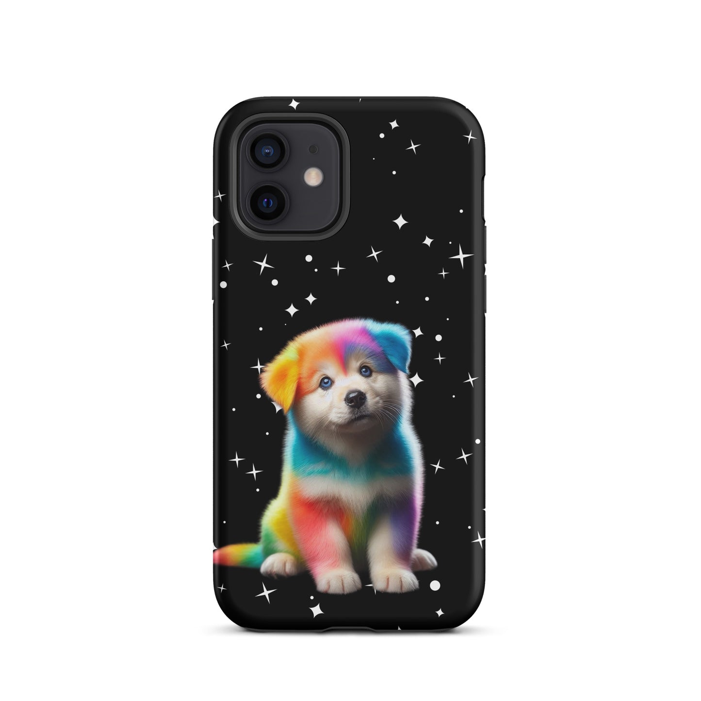 Phone Case with rainbow puppy design against starry night sky for iPhone, bold colors and cosmic sparkle, protective and stylish.