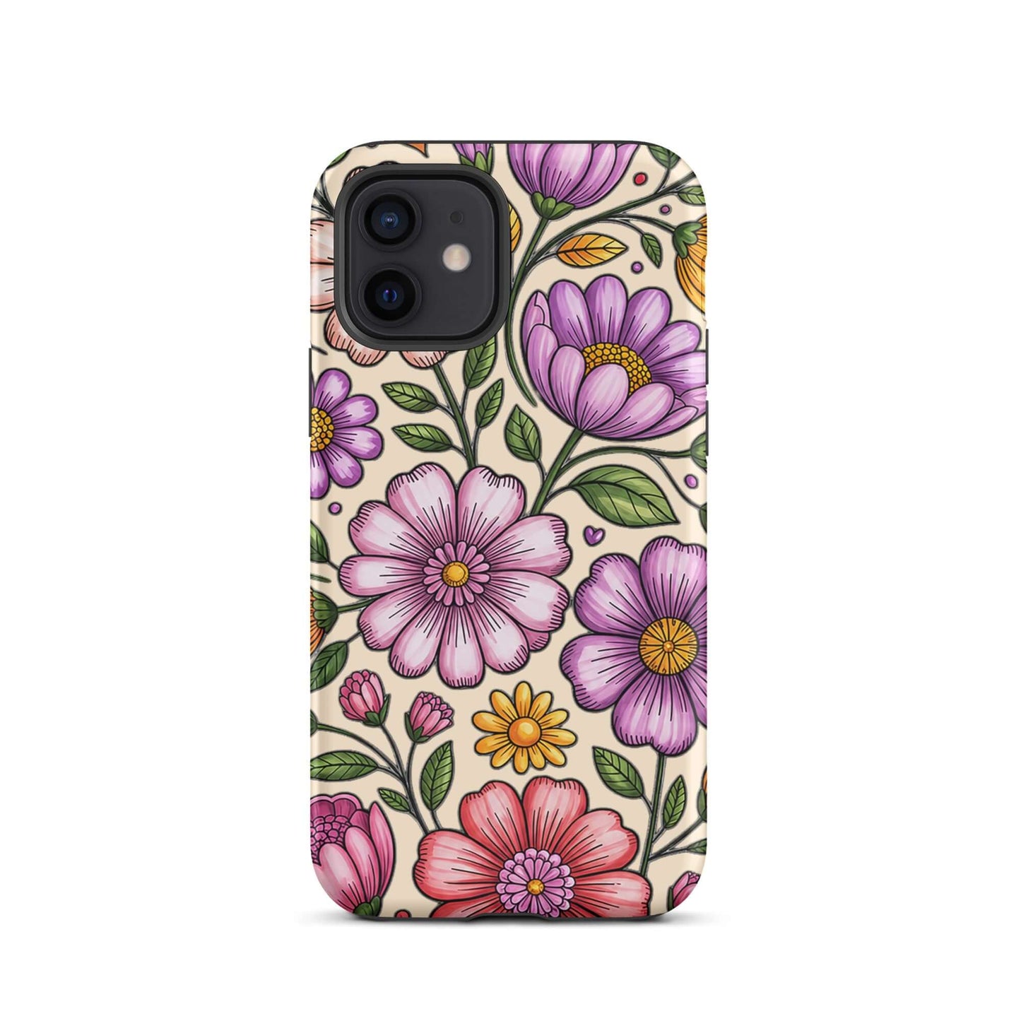 Phone Case for iPhone with pastel floral design, featuring pink, peach, and lavender flowers for cheerful elegance and impact resistance.