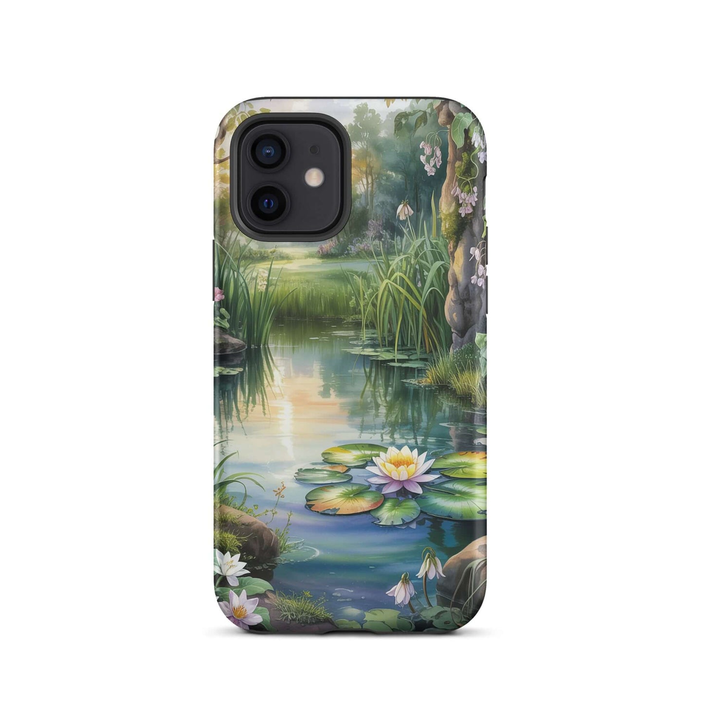 Phone Case with enchanting lily pond design, features glowing water lilies, lush greenery, and sunset reflections for iPhone.