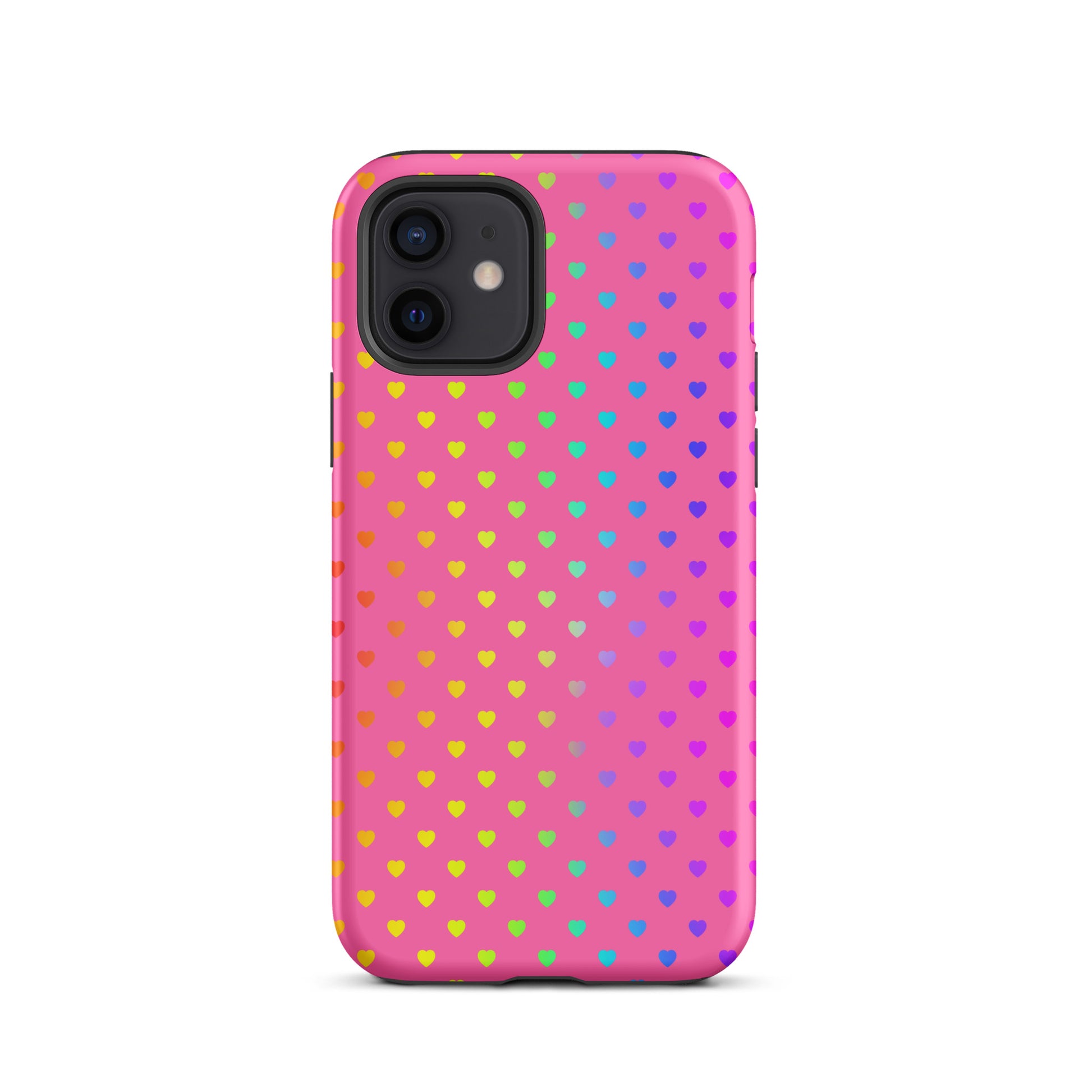 Phone Case for iPhone with cute rainbow hearts on pink background, dual-layer construction for protection, colorful and playful design.