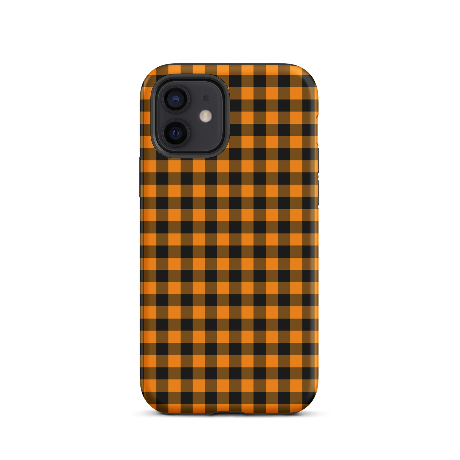 Black-and-orange gingham phone case for iPhone, autumn theme design offering stylish protection and durability.