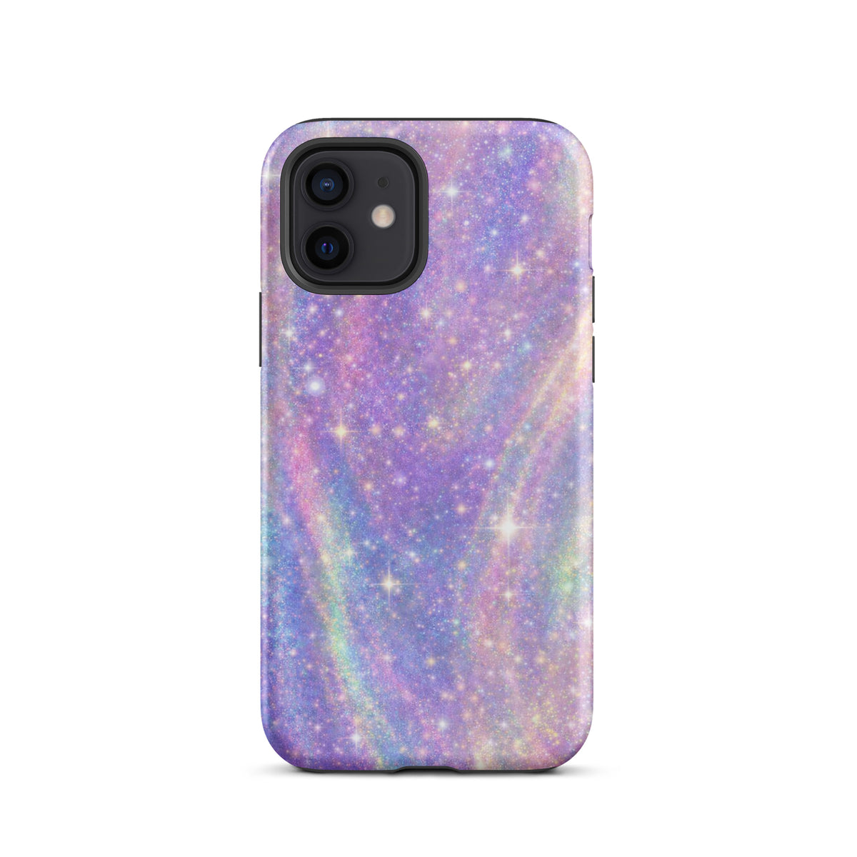 Phone Case for iPhone with Cosmic Dream Swirl design in pastel purples, pinks, blues, and golden sparkles resembling a tiny galaxy.