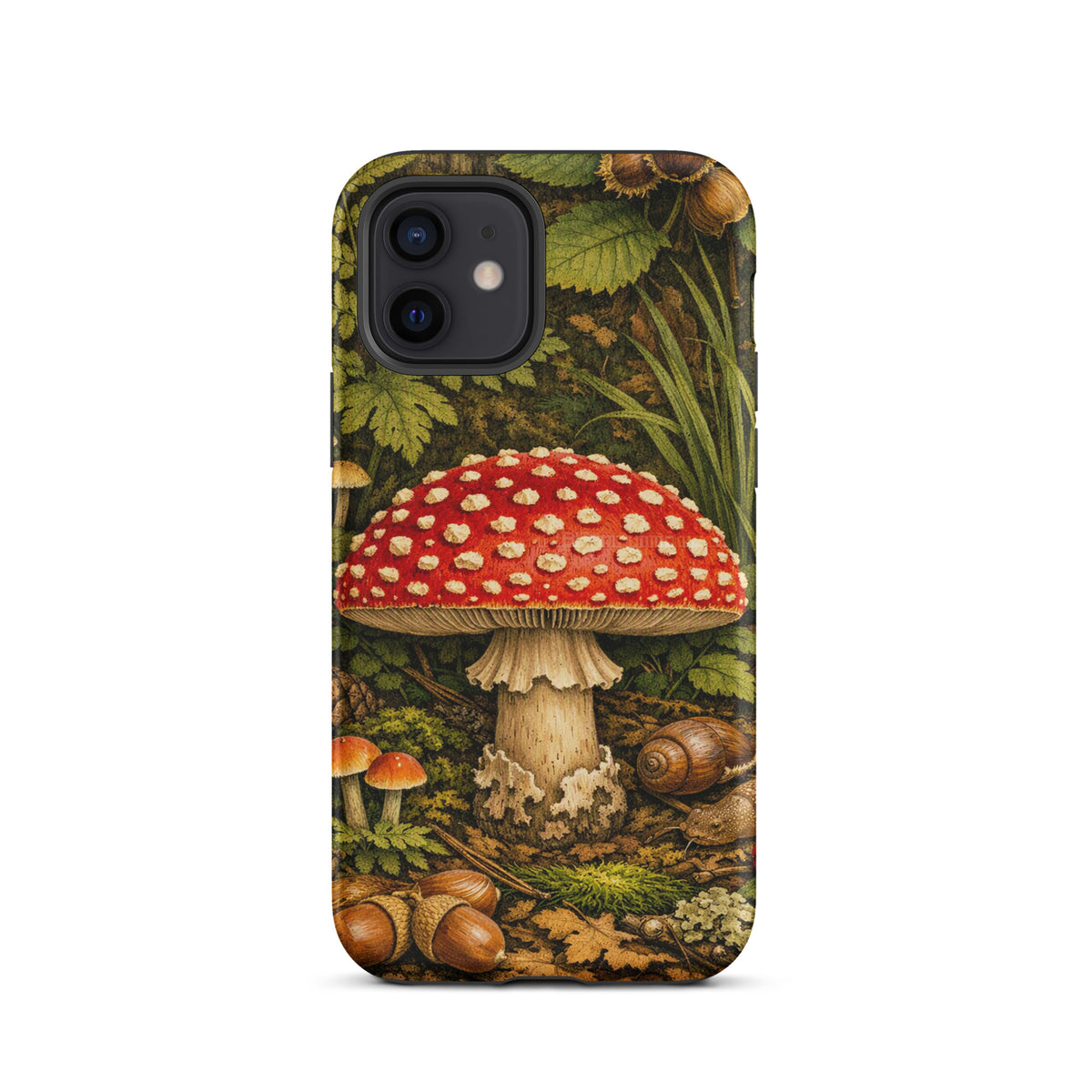 Phone Case featuring Amanita muscaria mushroom in lush forest design for iPhone, showcasing vibrant colors and natural beauty.
