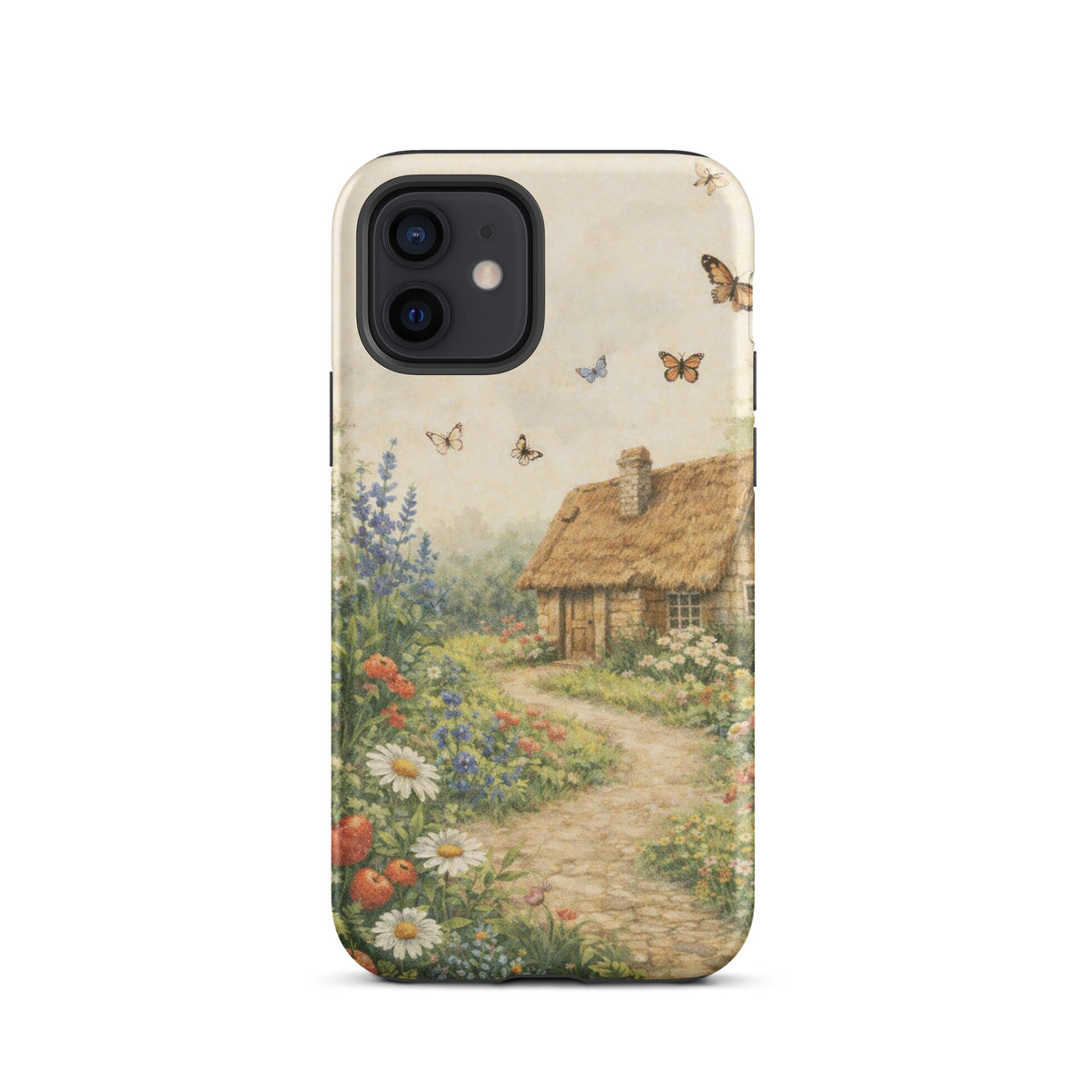 Phone Case with cottage garden art featuring thatched-roof stone cottage, daisies, poppies, and a charming winding path