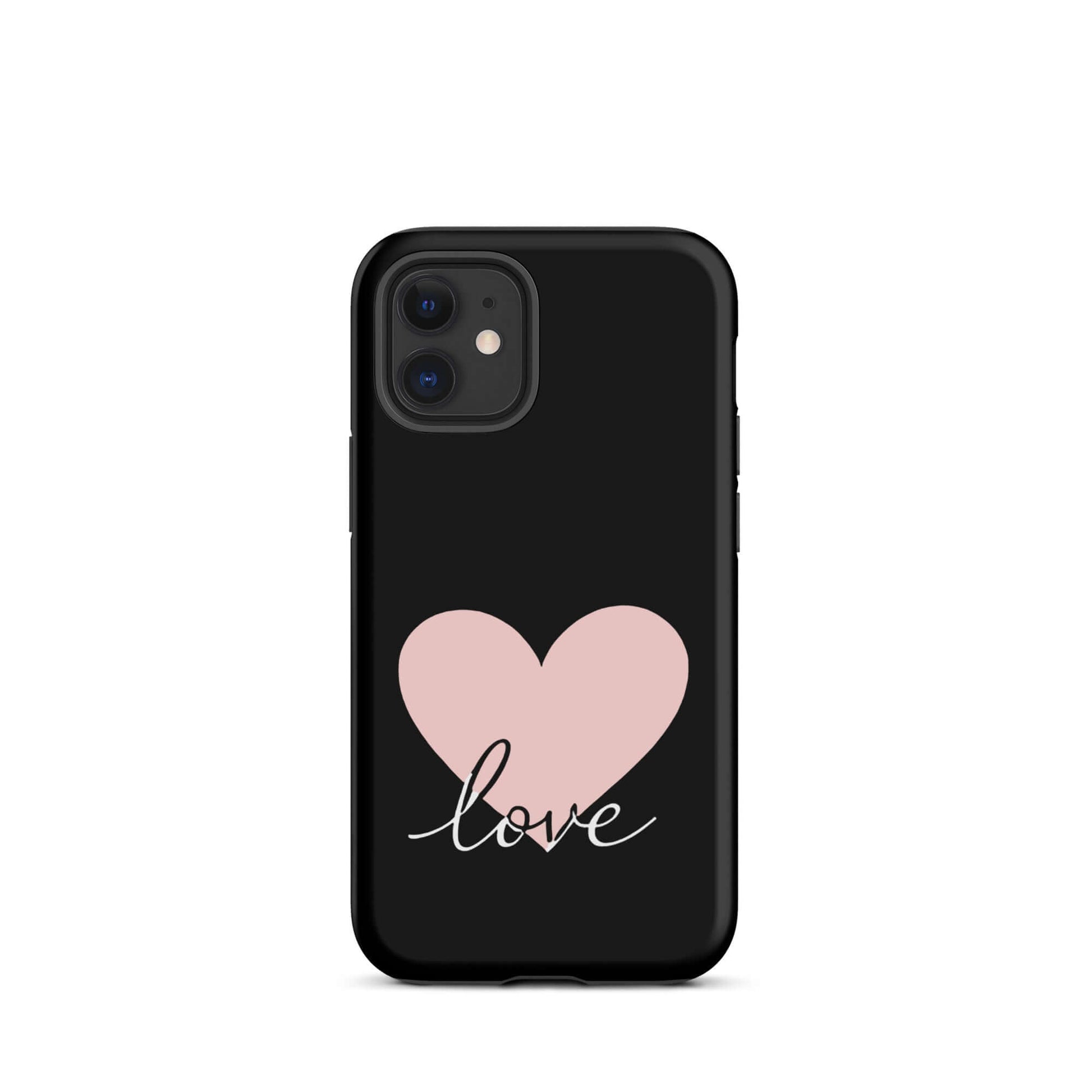 Phone Case for iPhone featuring soft heart and script 'love' design on black background.
