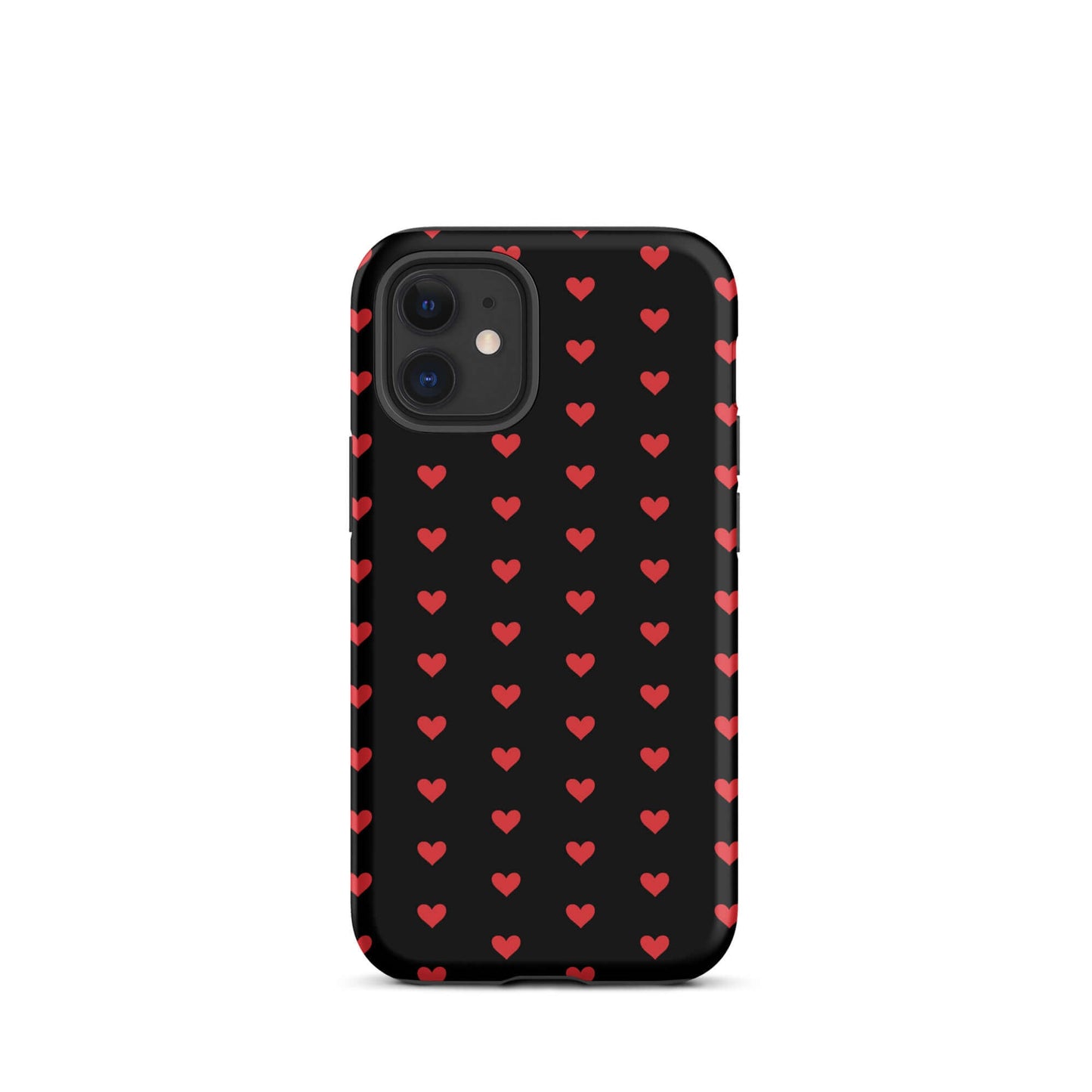 Phone Case for iPhone featuring a pattern of fiery red hearts on a black background.