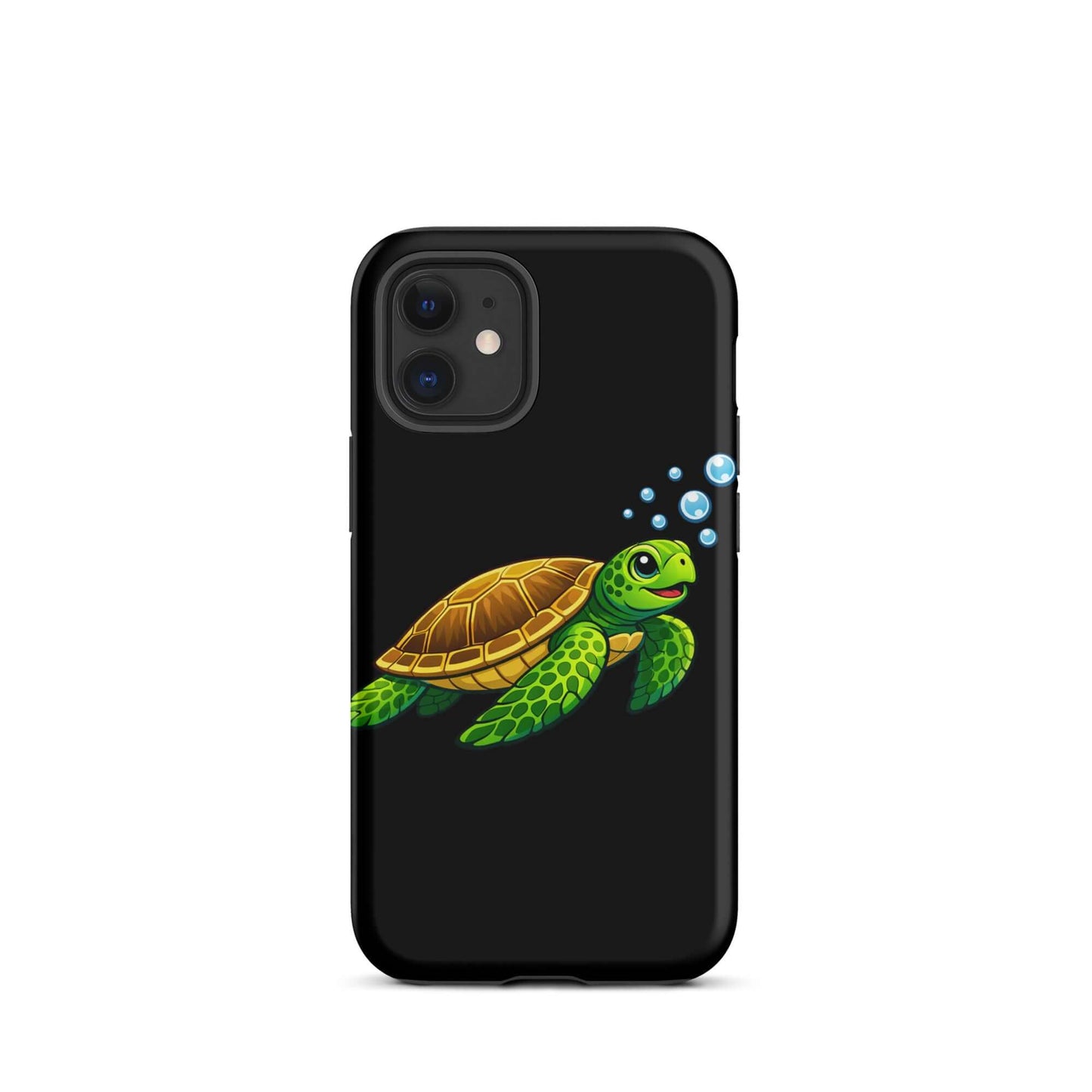 Phone Case featuring vibrant sea turtle artwork with bubbles on a sleek black background.