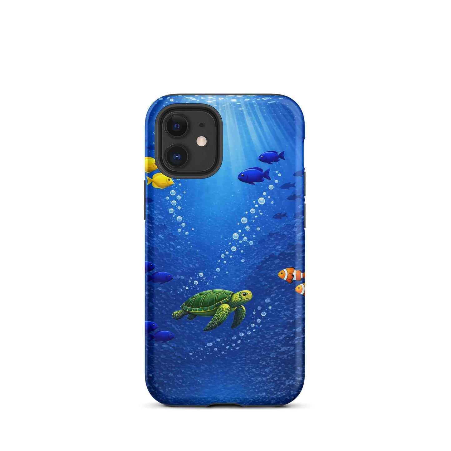 Phone Case featuring a sea turtle and colorful fish design, showcasing underwater elegance.