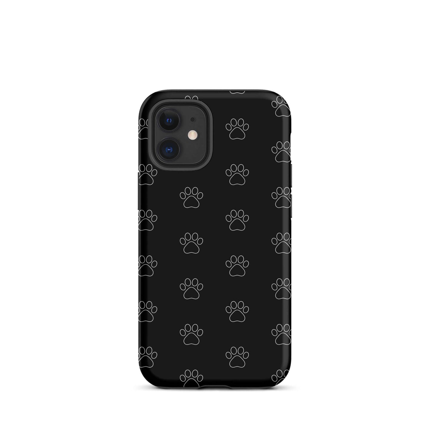 Phone Case for iPhone featuring a playful paw print pattern on a black background.