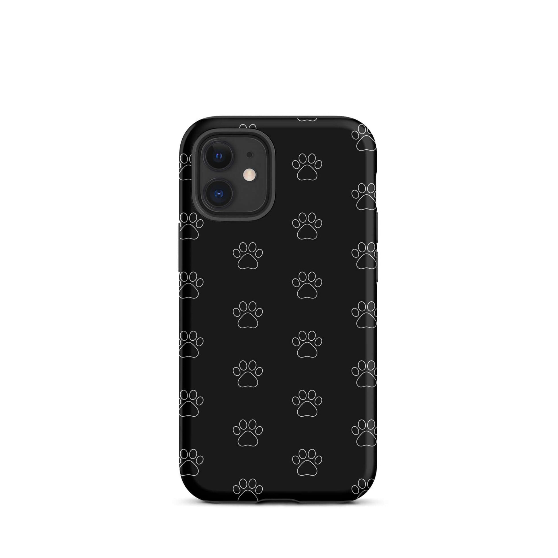 Phone Case for iPhone featuring a playful paw print pattern on a black background.
