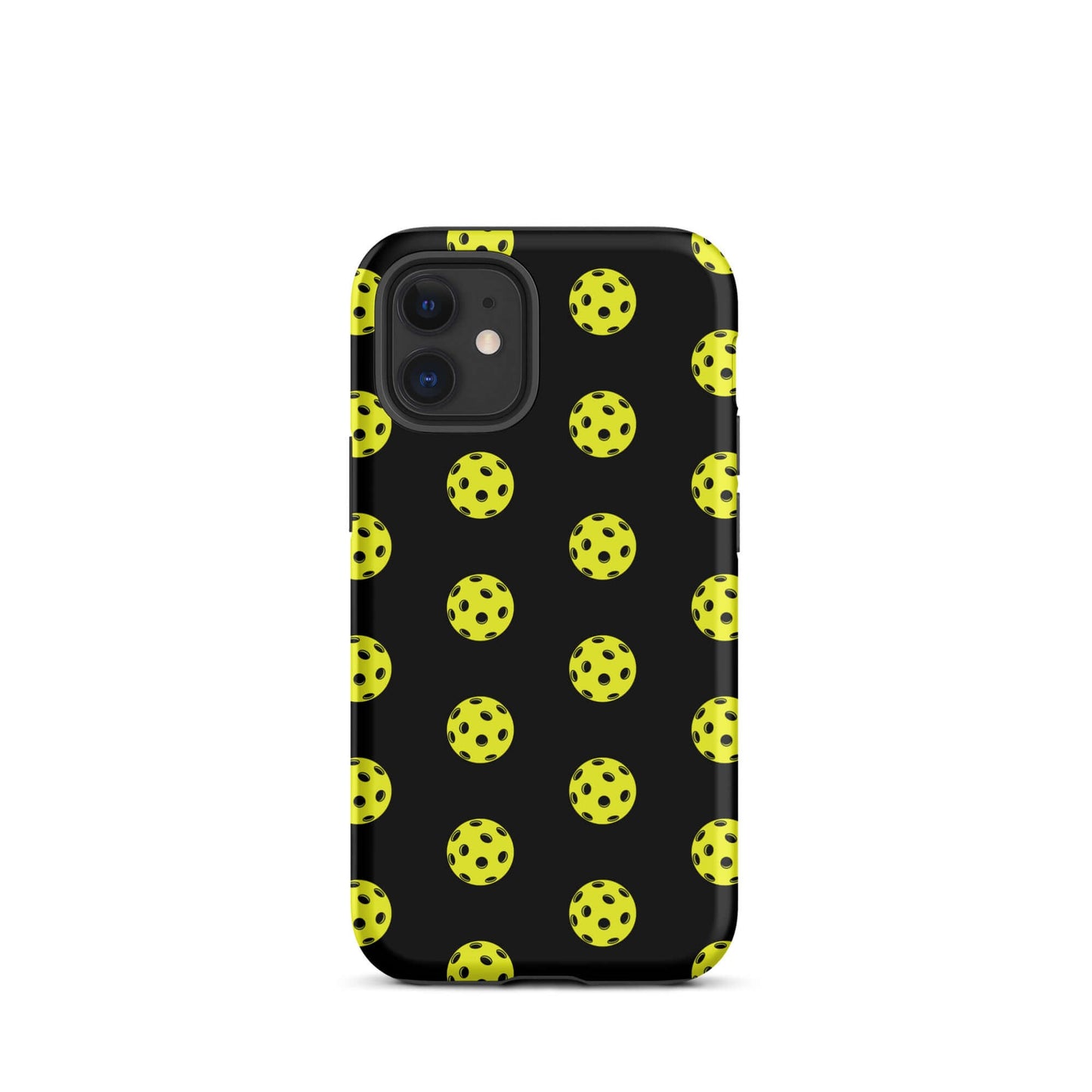Phone Case for iPhone featuring a bold pickleball pattern on a black background, perfect for sporty style.