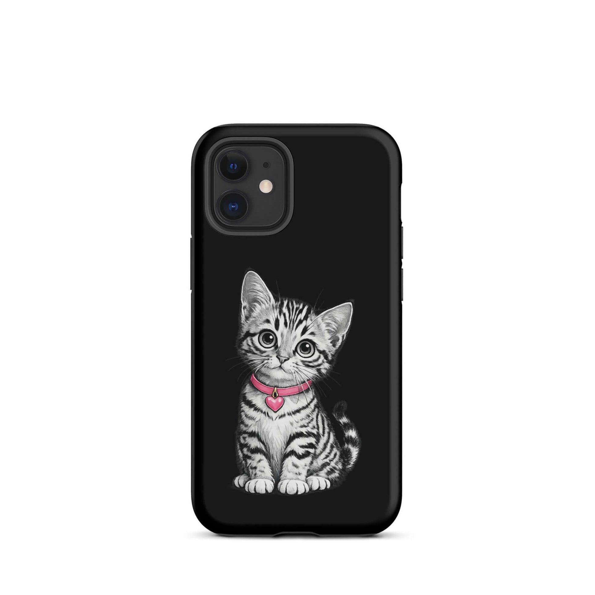 Phone Case with pencil sketch kitten and pink heart charm for iPhone