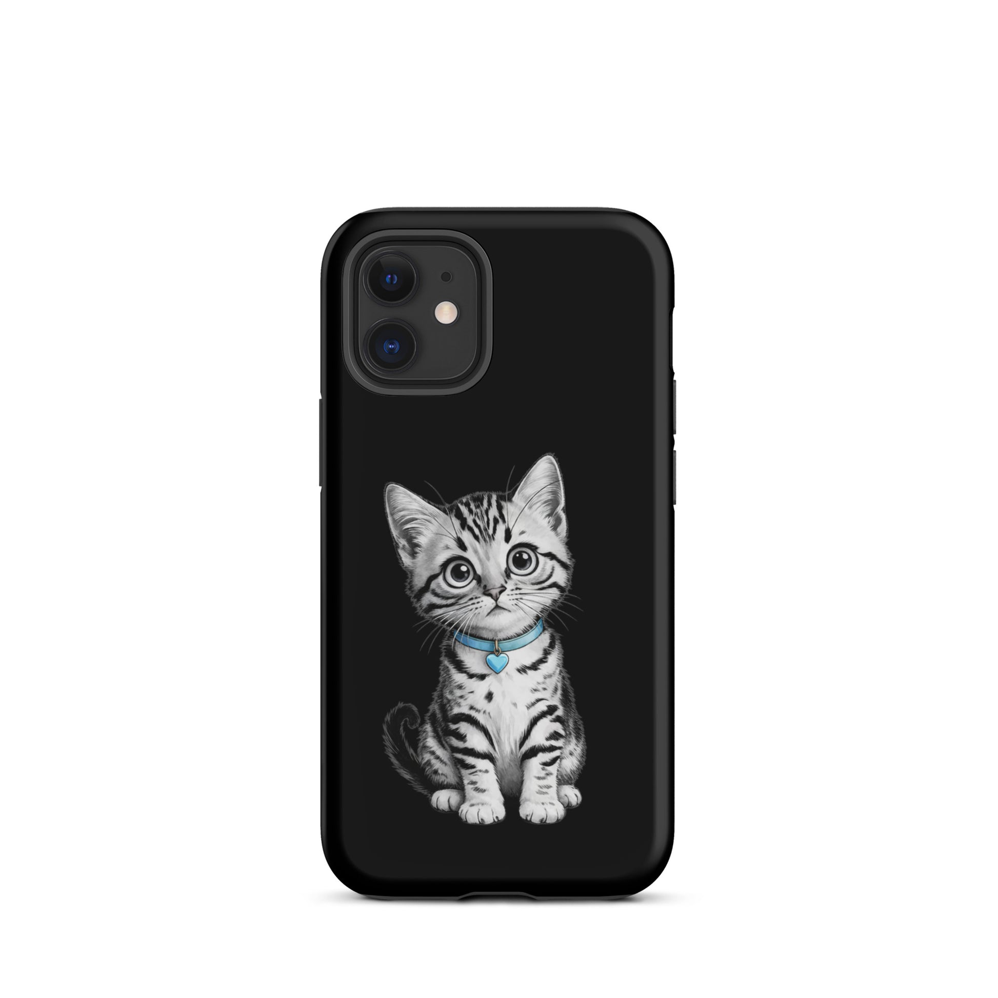 Phone Case for iPhone featuring kitten sketch with blue heart charm on black background.