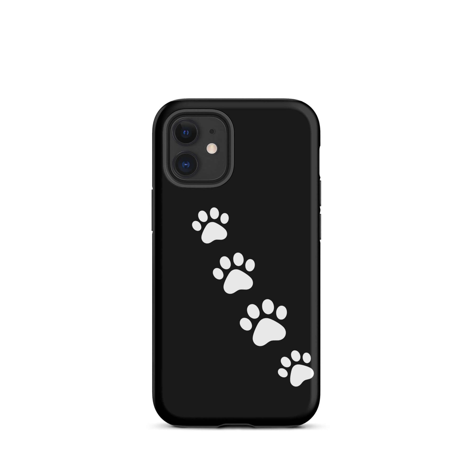 Phone case with white paw print trail design for pet lovers, iPhone accessory, playful and modern black background.