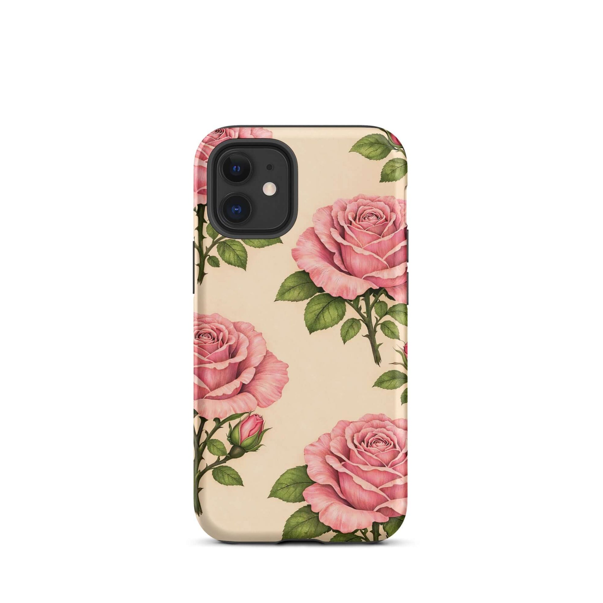 Phone Case with pink rose garden design on warm cream background for iPhone