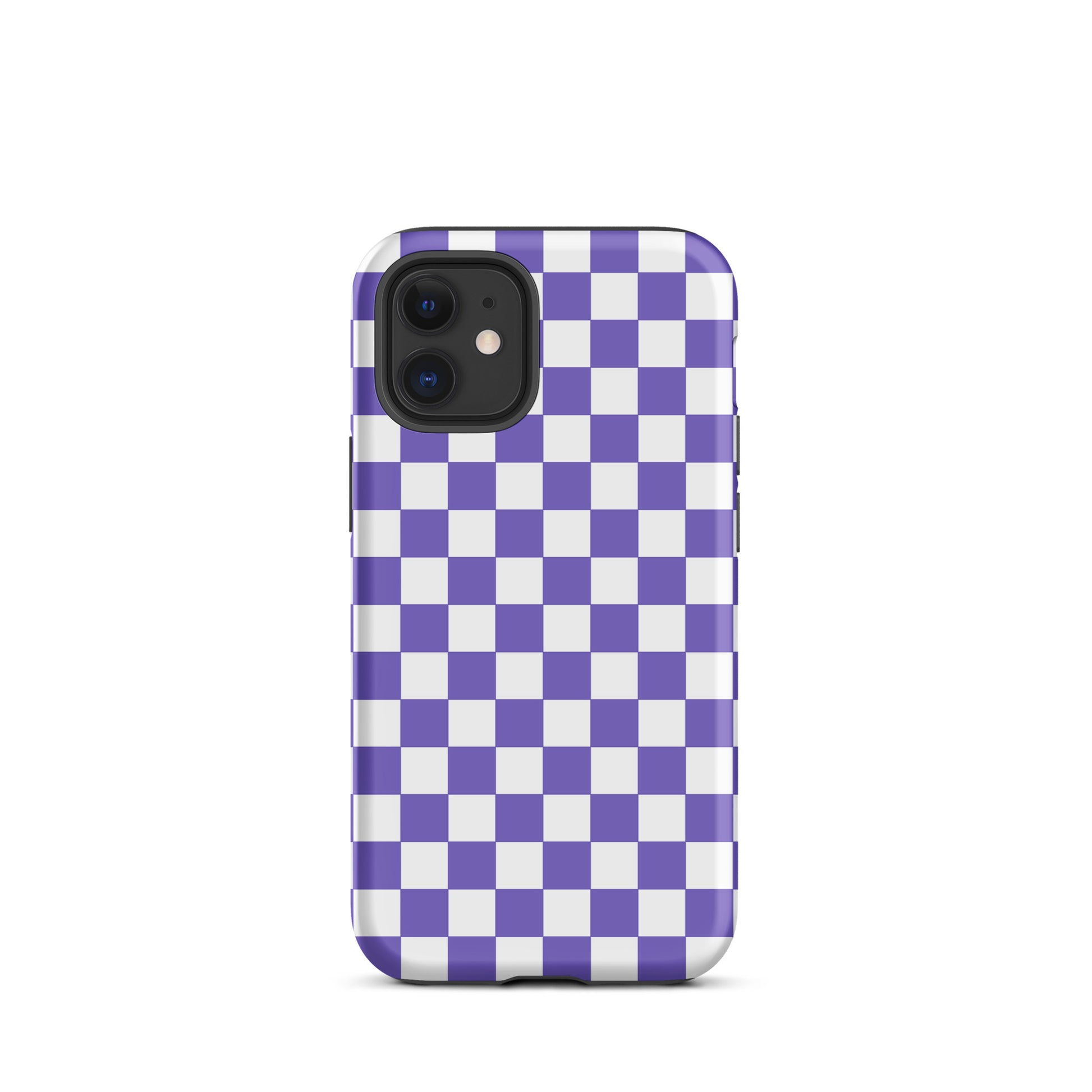Phone Case for iPhone with purple and white checkered pattern adding style and personality to your device.