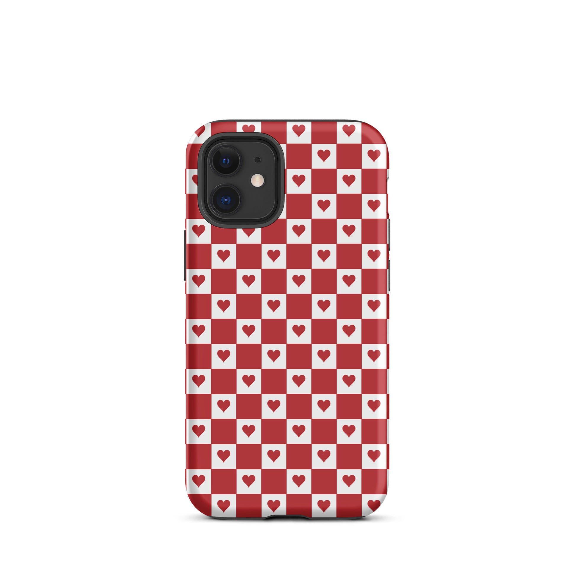 Phone Case for iPhone with cute red heart checkered design, featuring crimson hearts on red-and-white pattern for a charming look.