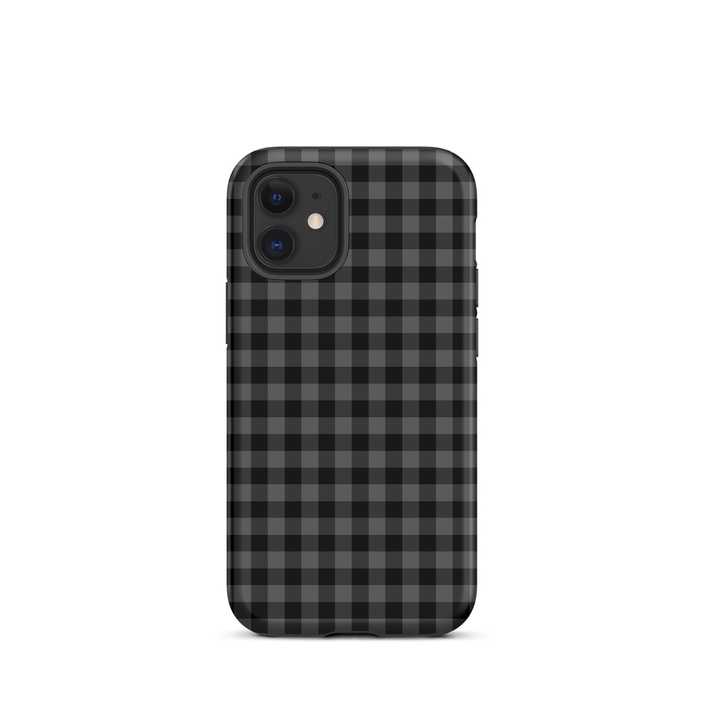 Phone Case with black and charcoal gingham pattern for iPhone, offering modern style and protection, blends fun with luxury.