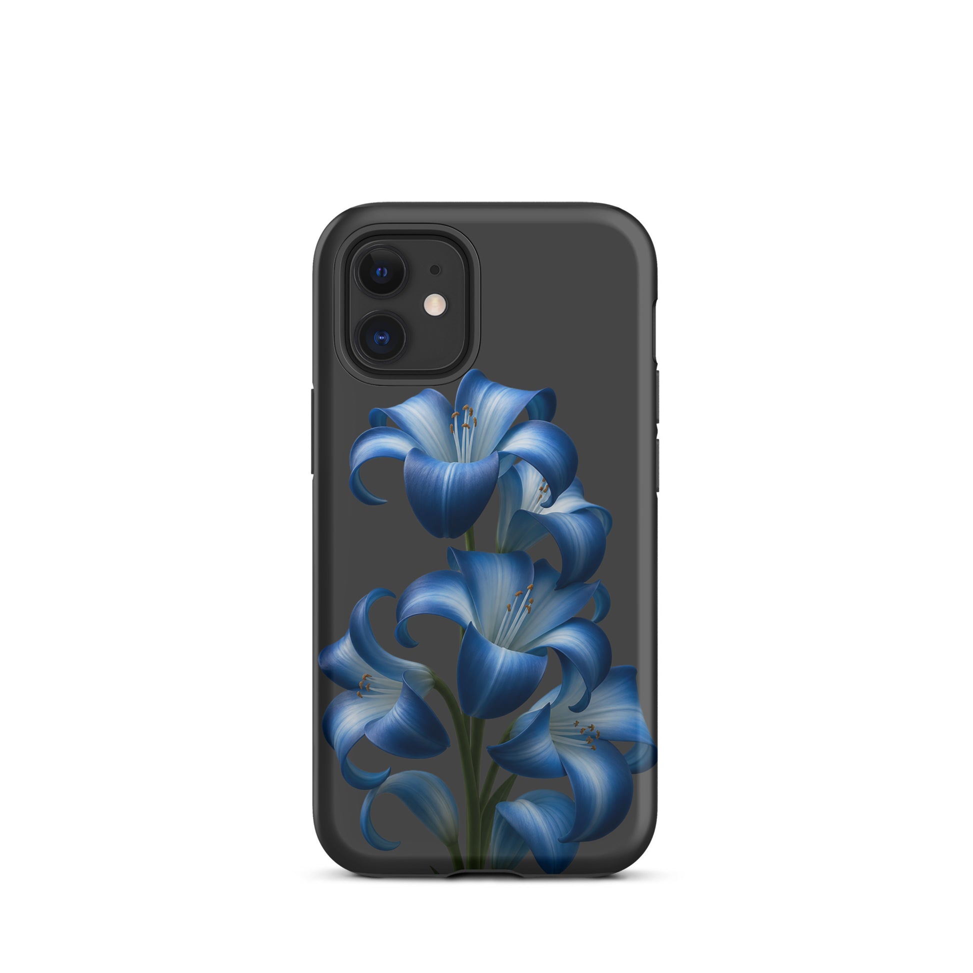 Phone Case for iPhone featuring vibrant blue lily bloom art on a tough dual-layer design with dark backdrop.