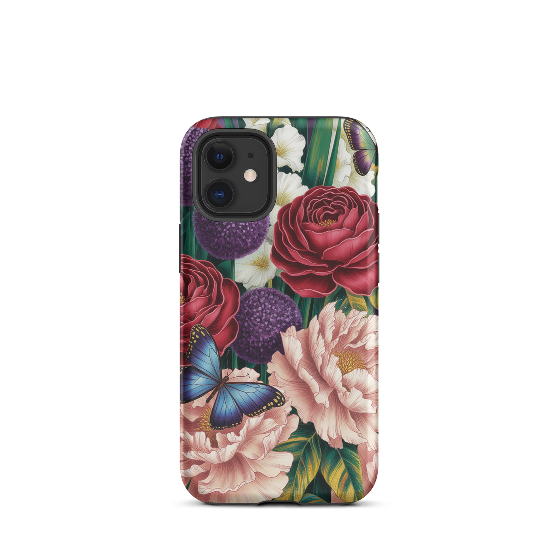 Phone Case for iPhone featuring botanical design with crimson roses, pink peonies, purple alliums, and blue butterflies on lush foliage.
