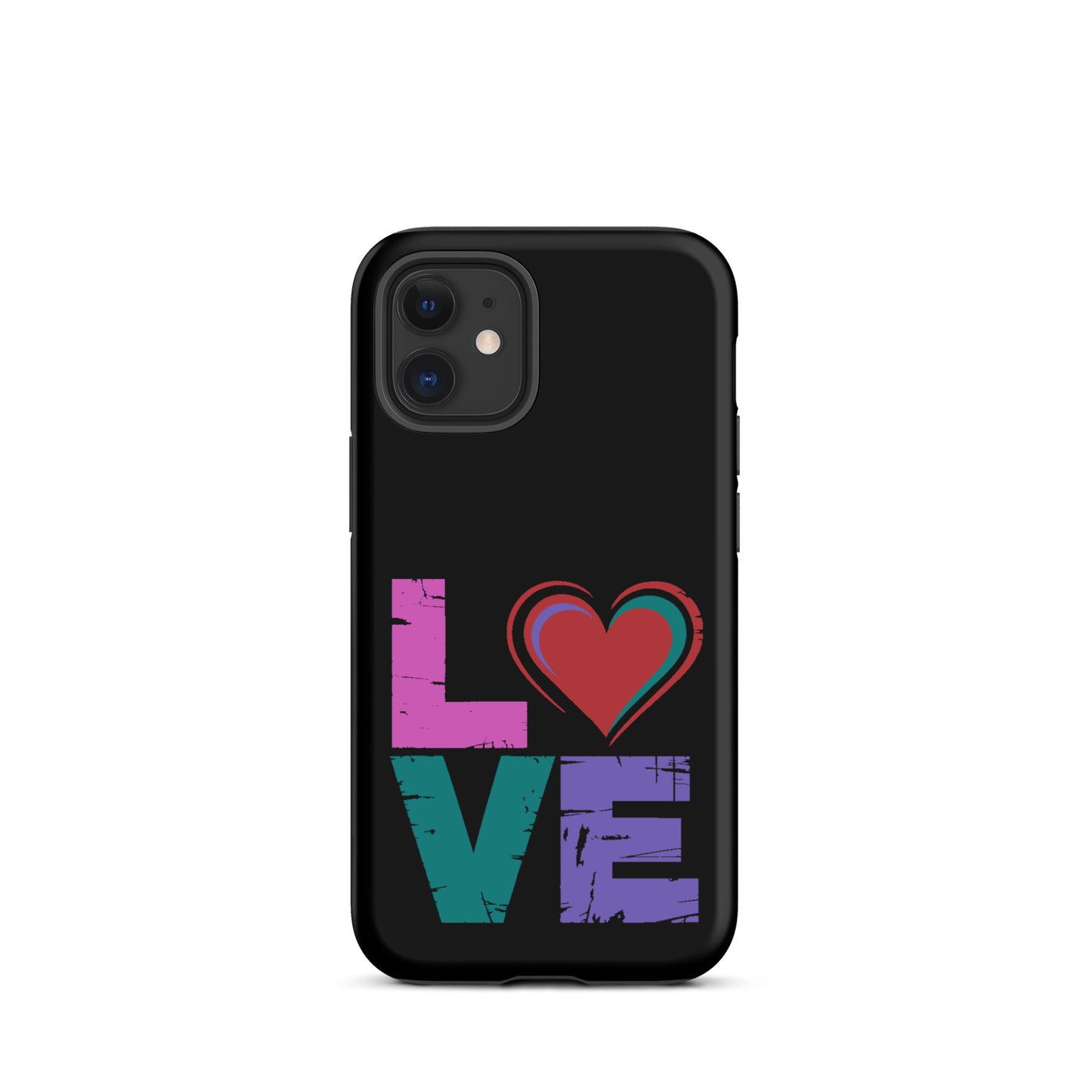 Love Dual Layer Tough Case for iPhones featuring colorful love design with heart symbol.