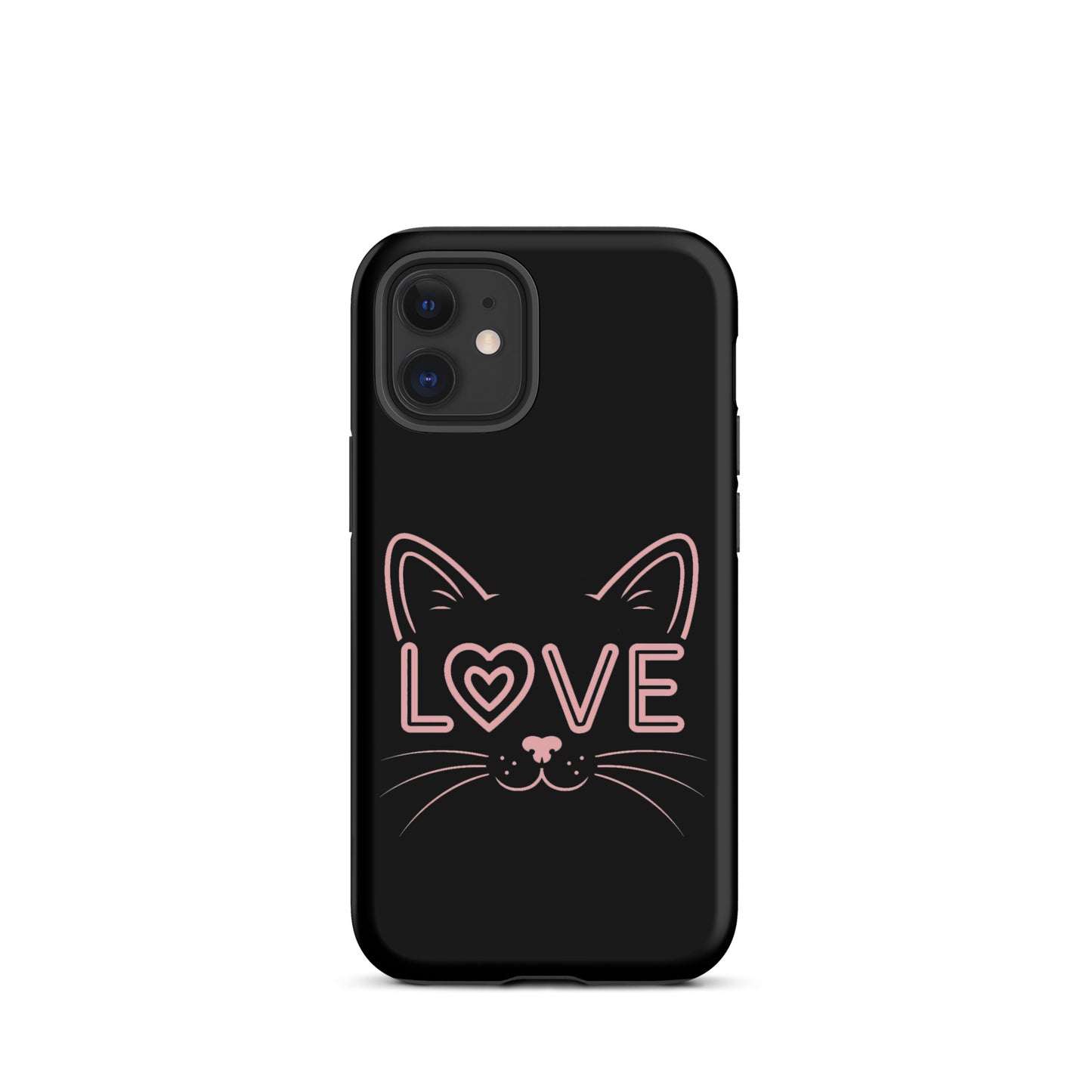 Cat Love phone case for iPhone with minimalist cat face design and 'love' text, perfect for feline enthusiasts.