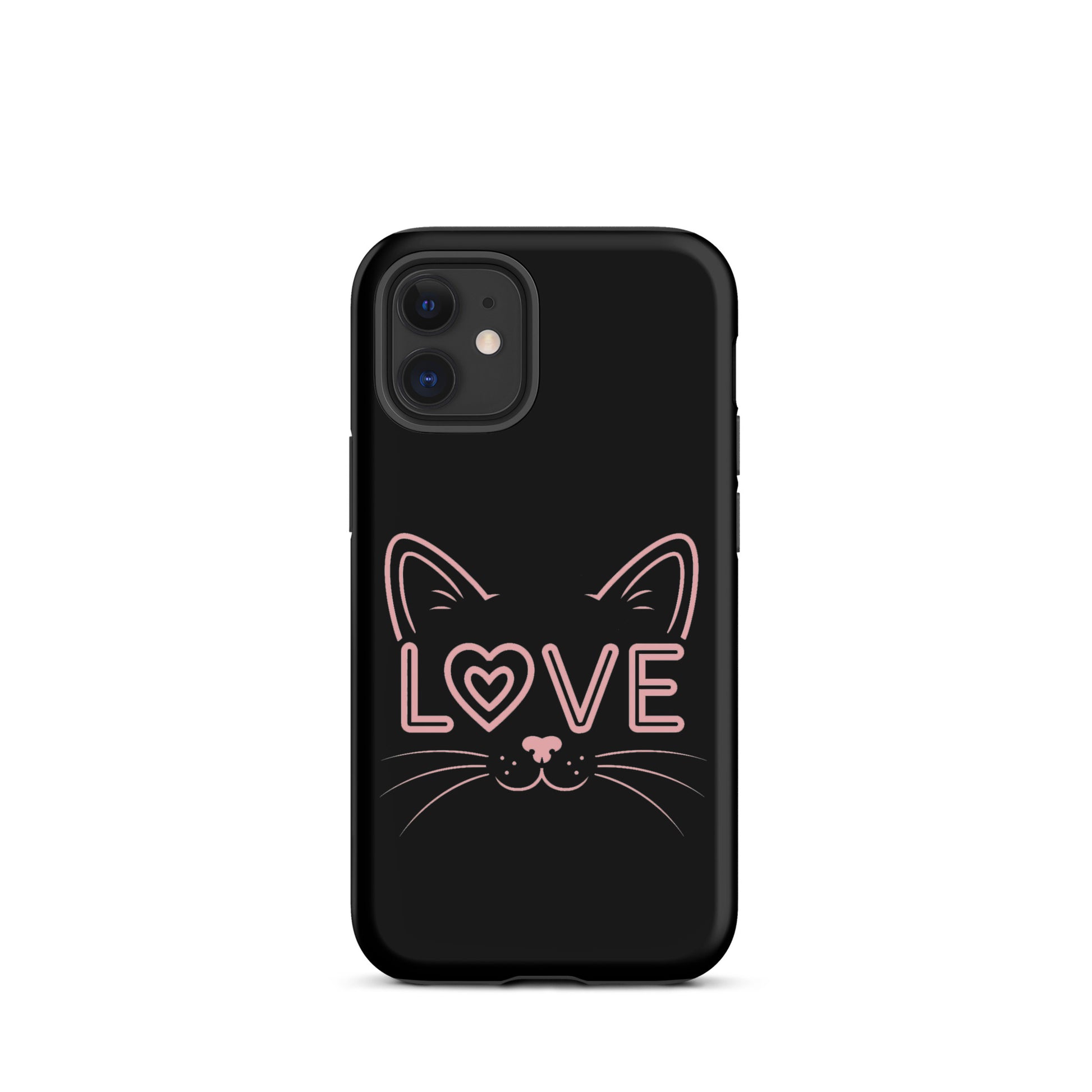Cat Love phone case for iPhone with minimalist cat face design and 'love' text, perfect for feline enthusiasts.