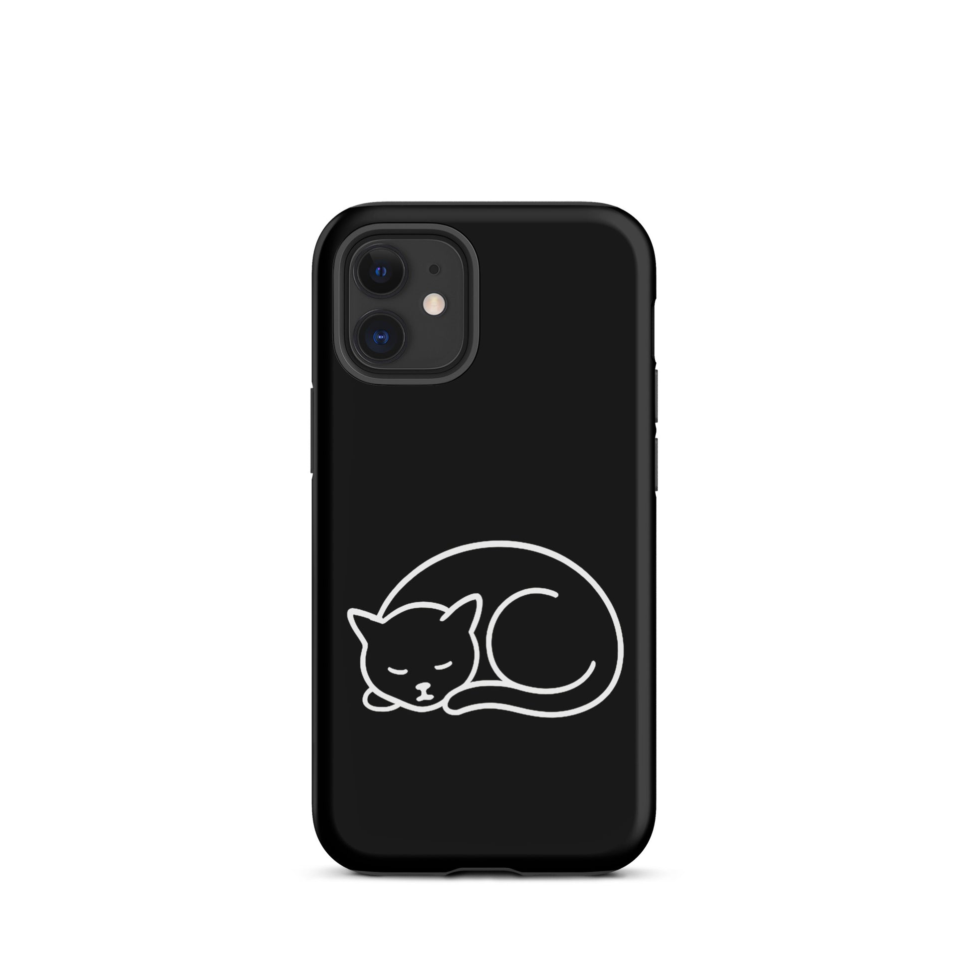 Phone case for iPhone with minimalist curled-up cat design, offering dual-layer protection and feline-themed style.