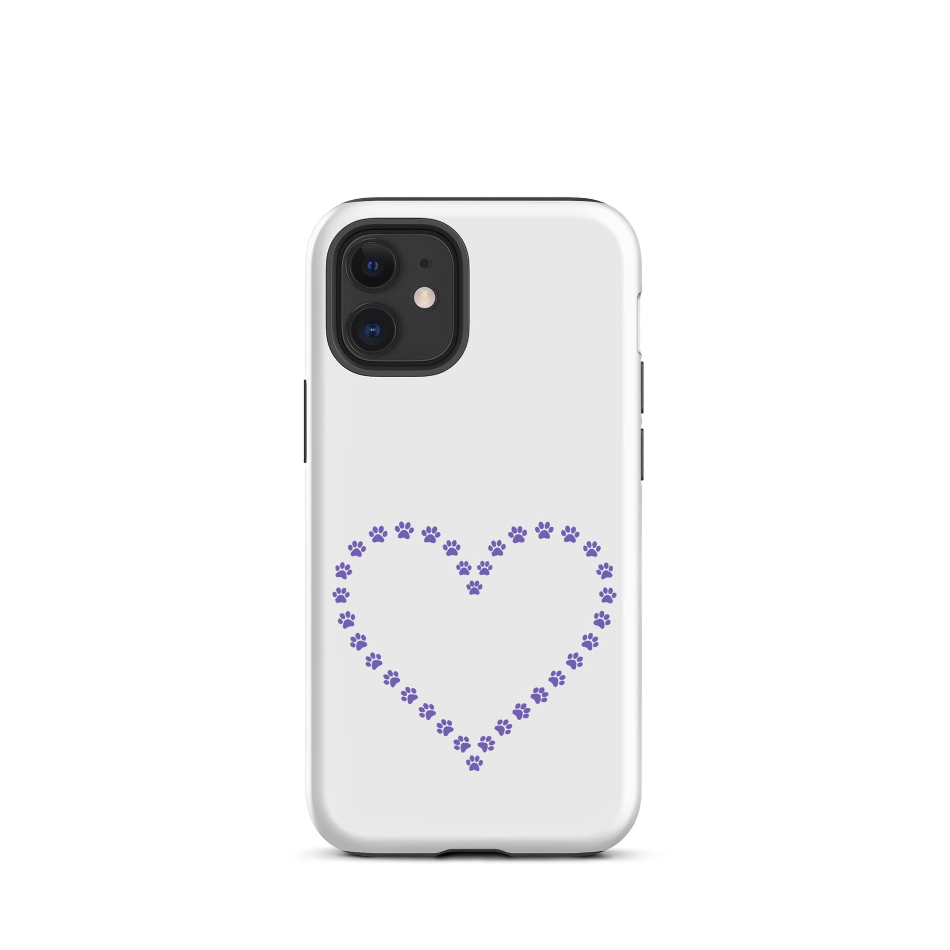 Phone Case with cute heart made of purple paw prints, designed for pet lovers and compatible with iPhone.